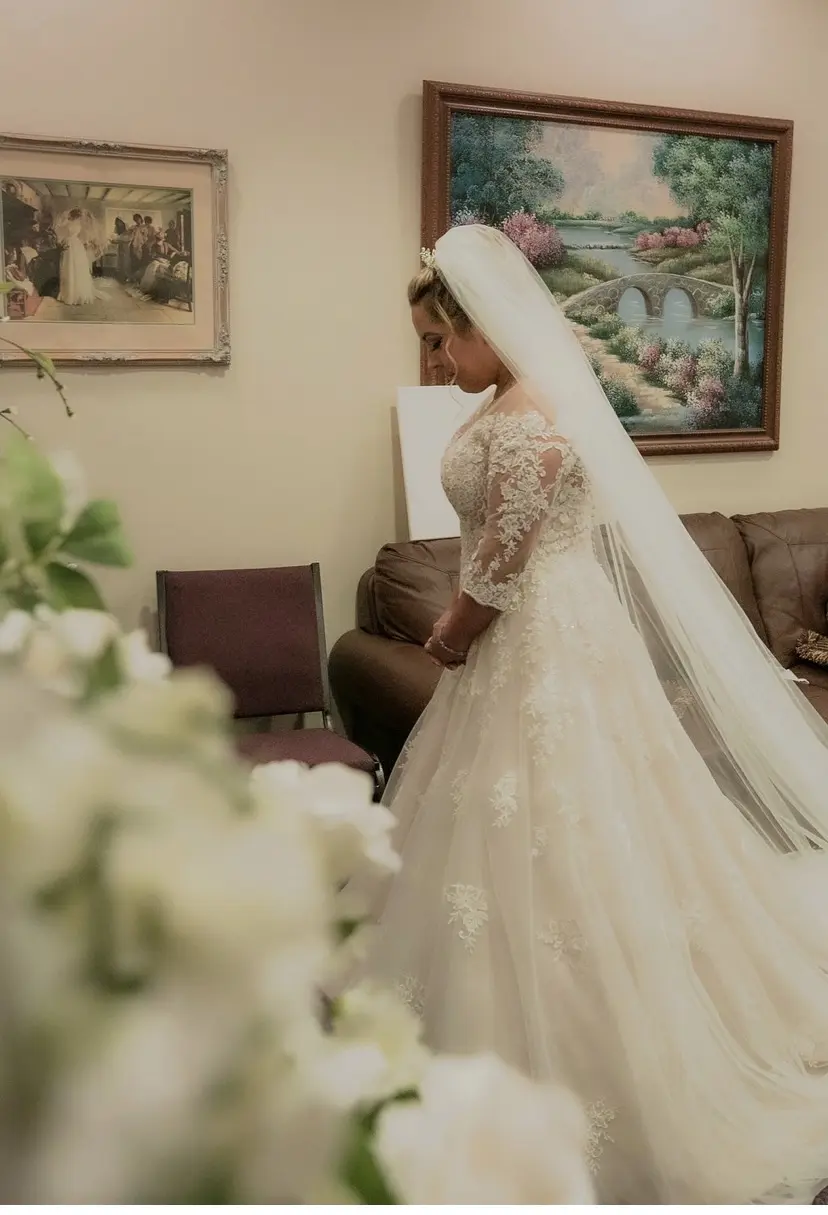 bride wearing off the shoulder A line wedding dress
