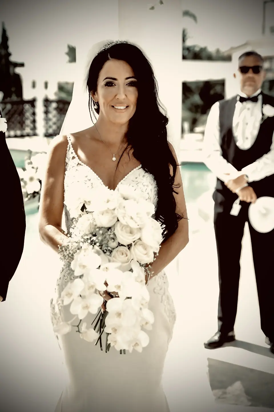 Groom With Bride Wearing Lace Spaghetti Strap Wedding Dress Nikki By Maggie Sottero