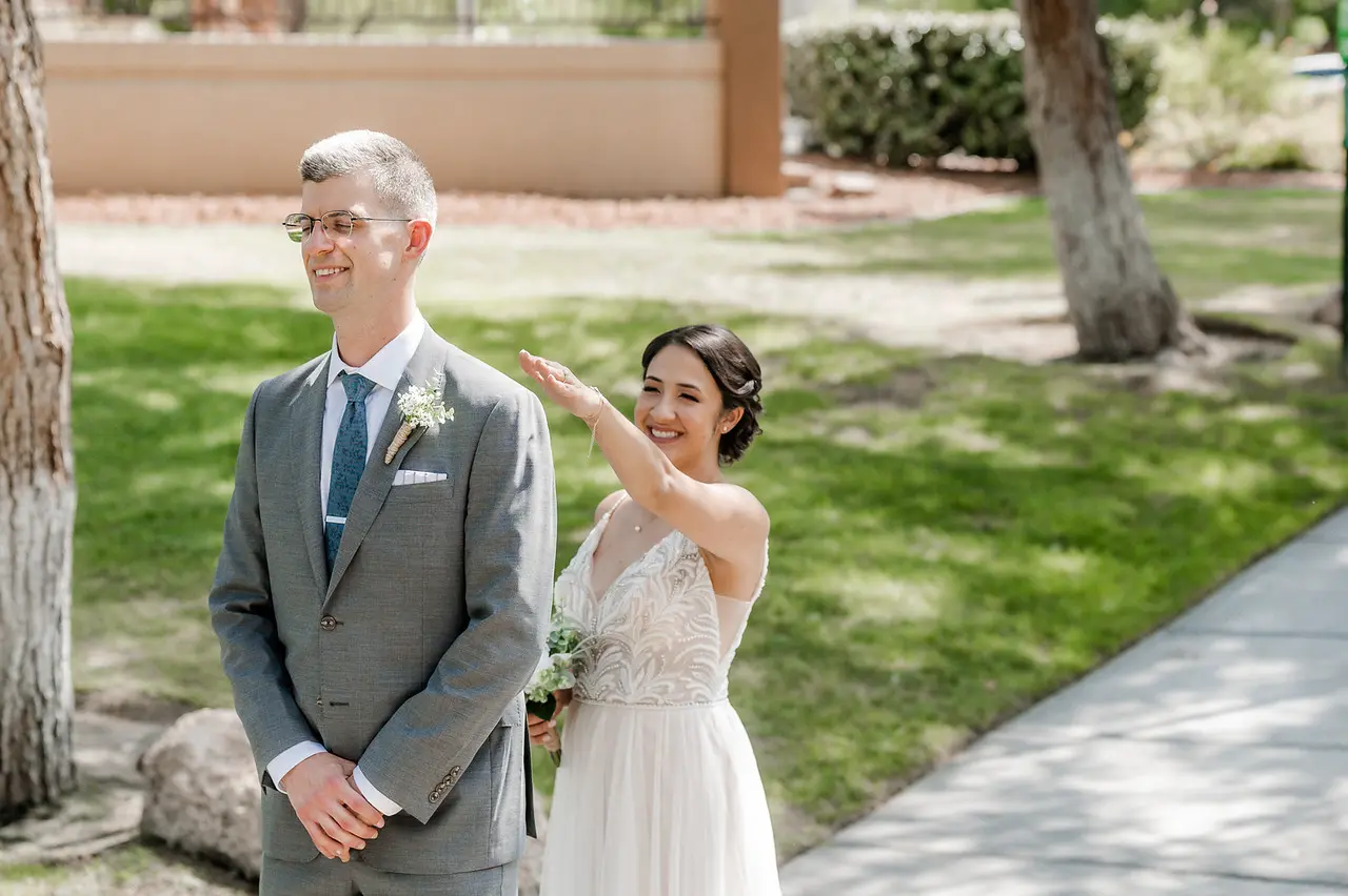 Groom With Bride Wearing Relaxed Boho A-Line Wedding Dress Charlene By Maggie Sottero