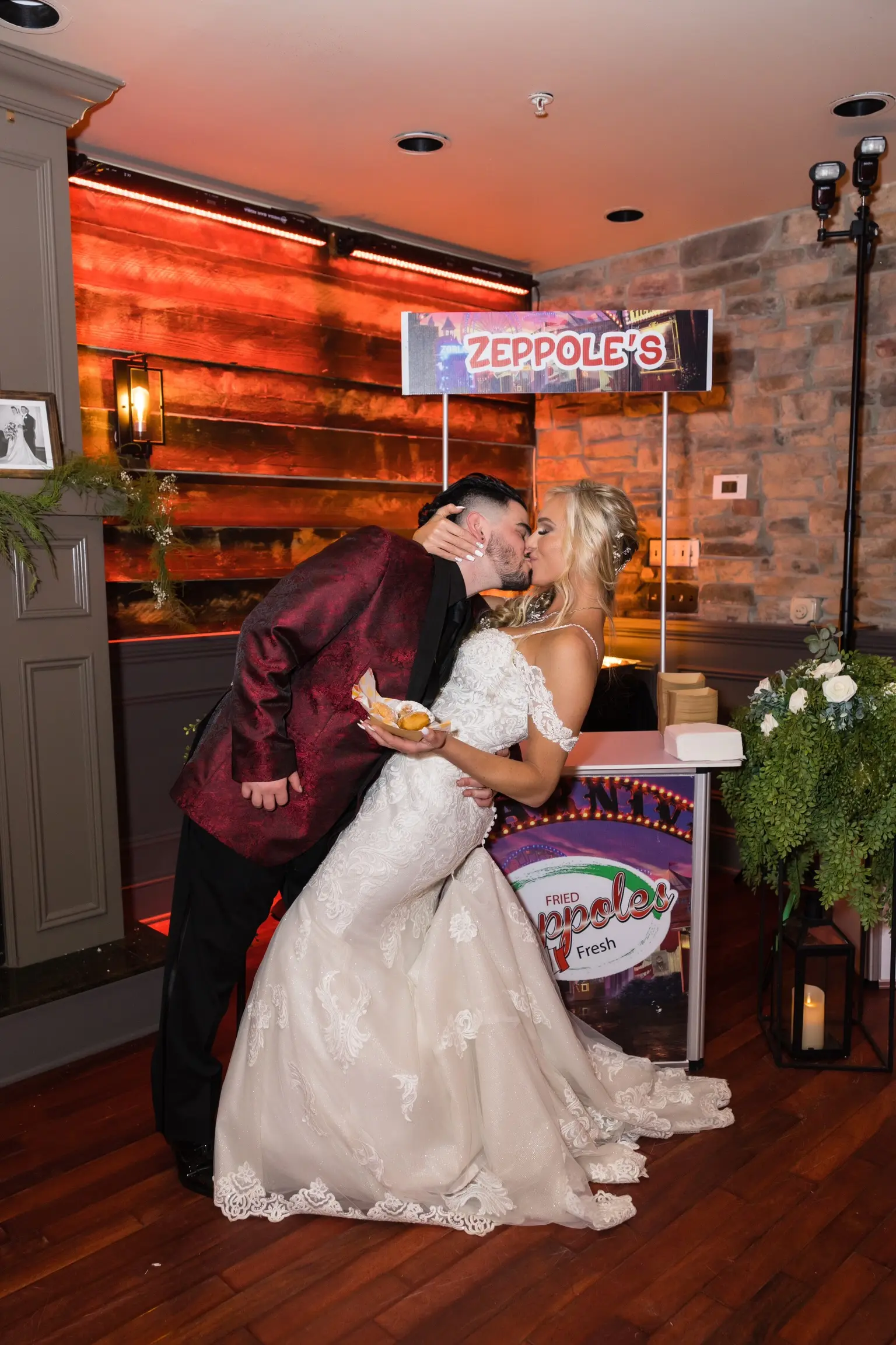 Bride In Lace Off The Shoulder Wedding Dresses Called Fiona By Maggie Sottero With Groom