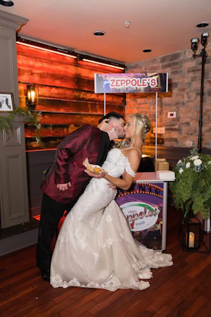 Bride In Lace Off The Shoulder Wedding Dresses Called Fiona By Maggie Sottero With Groom