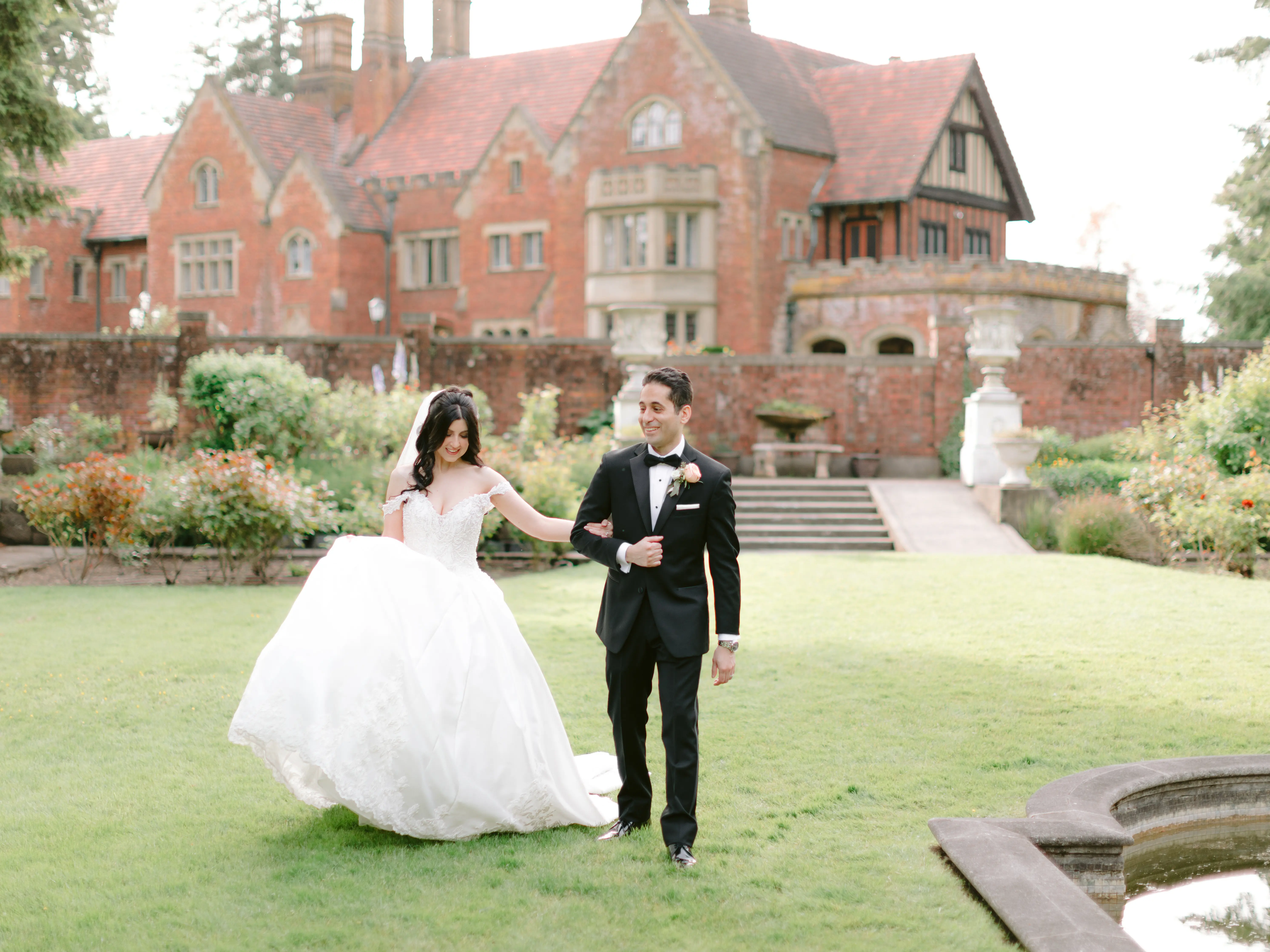 Bride with groom wearing off the shoulder luxury ballgown wedding dress