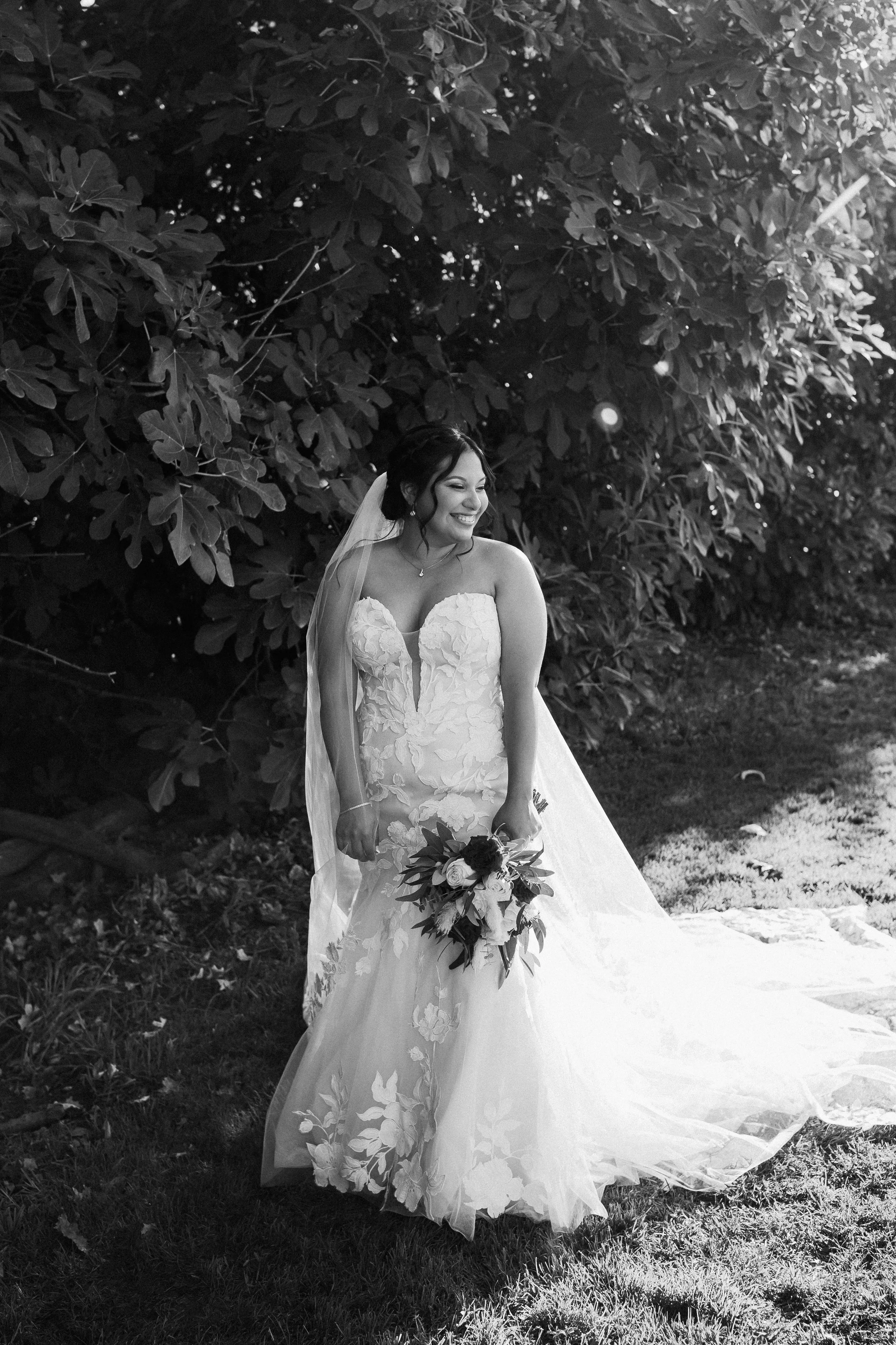 Real Bride in Strapless Mermaid Bridal Gown with Oversize Floral Lace Motifs Over Sparkle Tulle Called Hattie by Rebecca Ingram