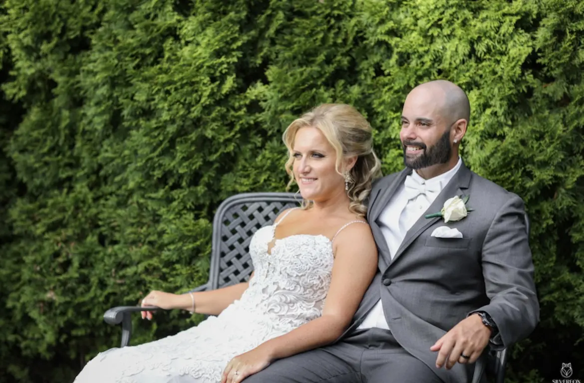 Real Bride in Sparkly Lace Fit-and-Flare Bridal Dress with Scalloped Illusion Lace Train Called Fiona by Maggie Sottero