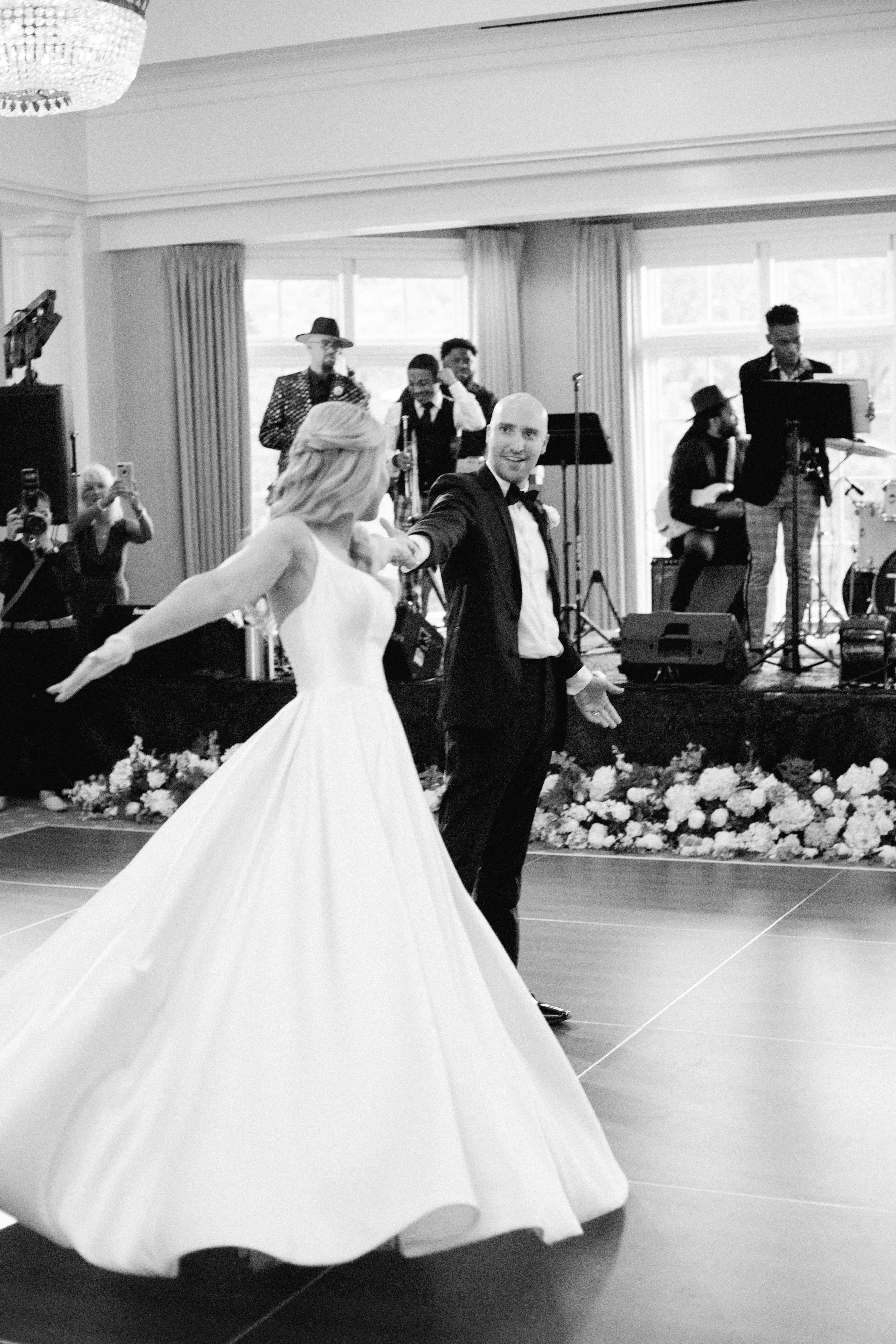 Bride In Satin A-Line Wedding Dress Called Selena By Maggie Sottero At Reception With Groom