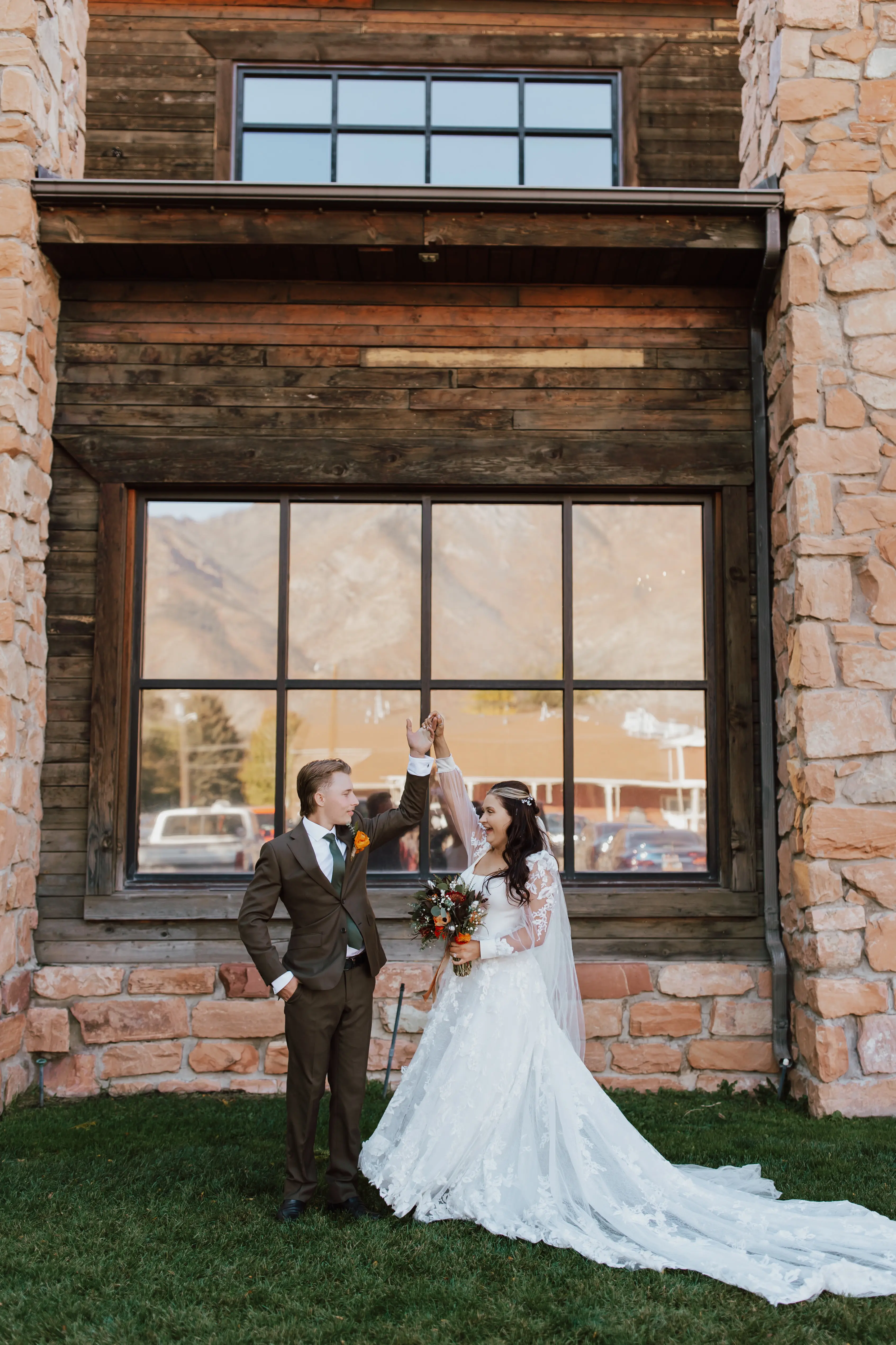 Groom And Bride Wearing Sparkly Modern Ball Gown Wedding Dress With A Mikado Bodice Called Greer By Maggie Sottero