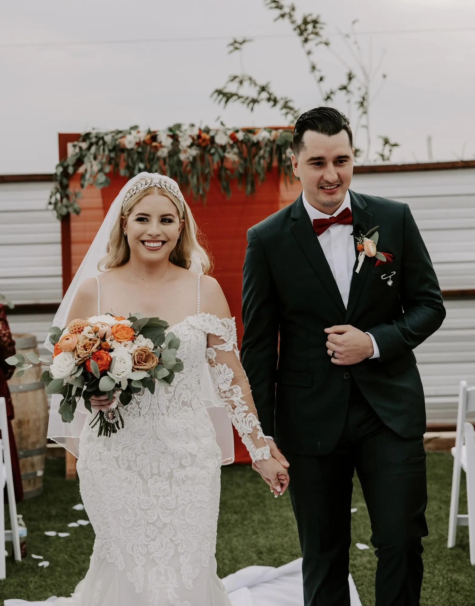 Real Bride in Sparkly Lace Fit-and-Flare Wedding Gown with Off-the-Shoulder Sleeves Called Fiona by Maggie Sottero