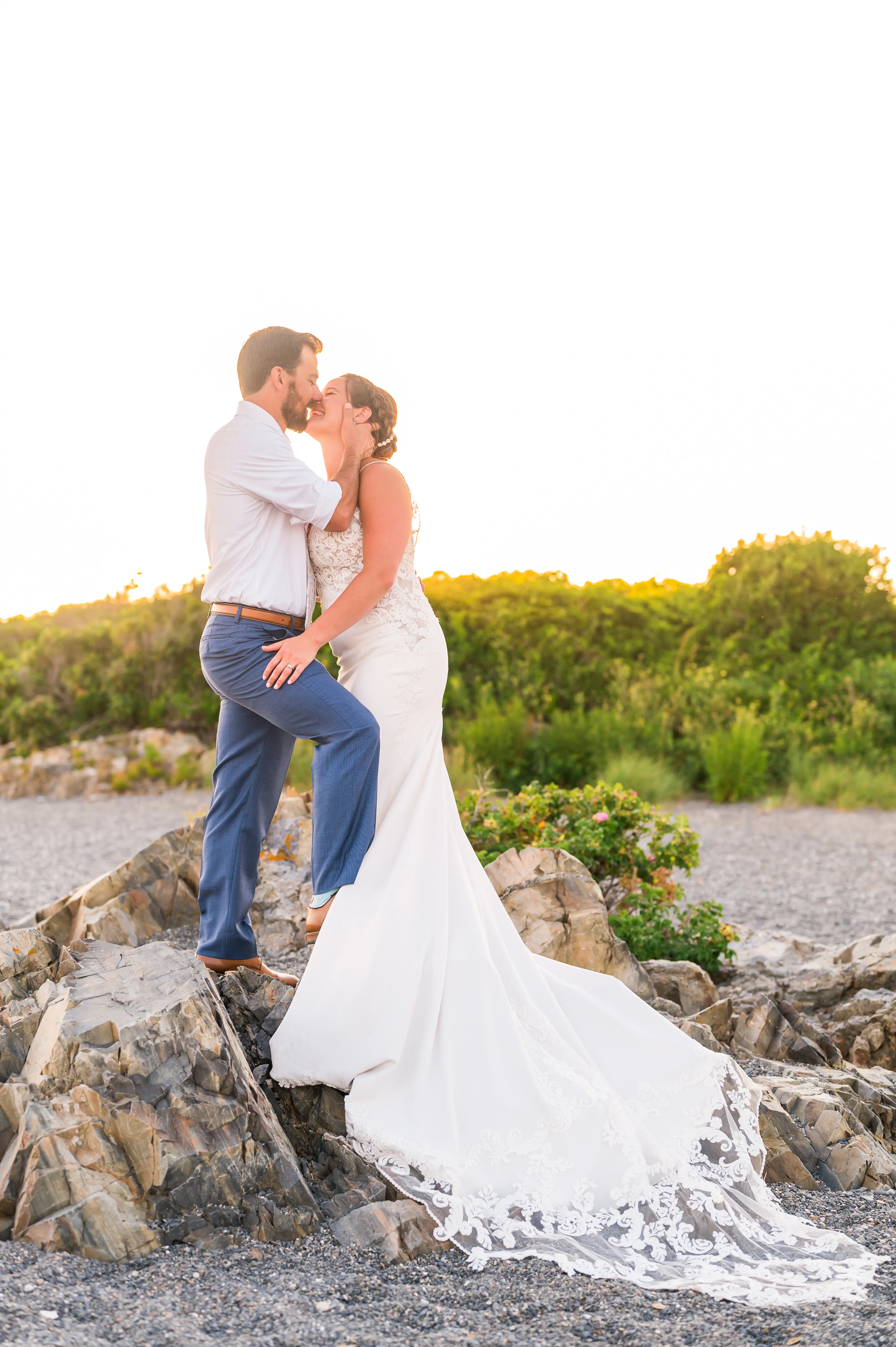 Groom With Bride Wearing Lace Spaghetti Strap Mermaid Wedding Dress Nikki By Maggie Sottero
