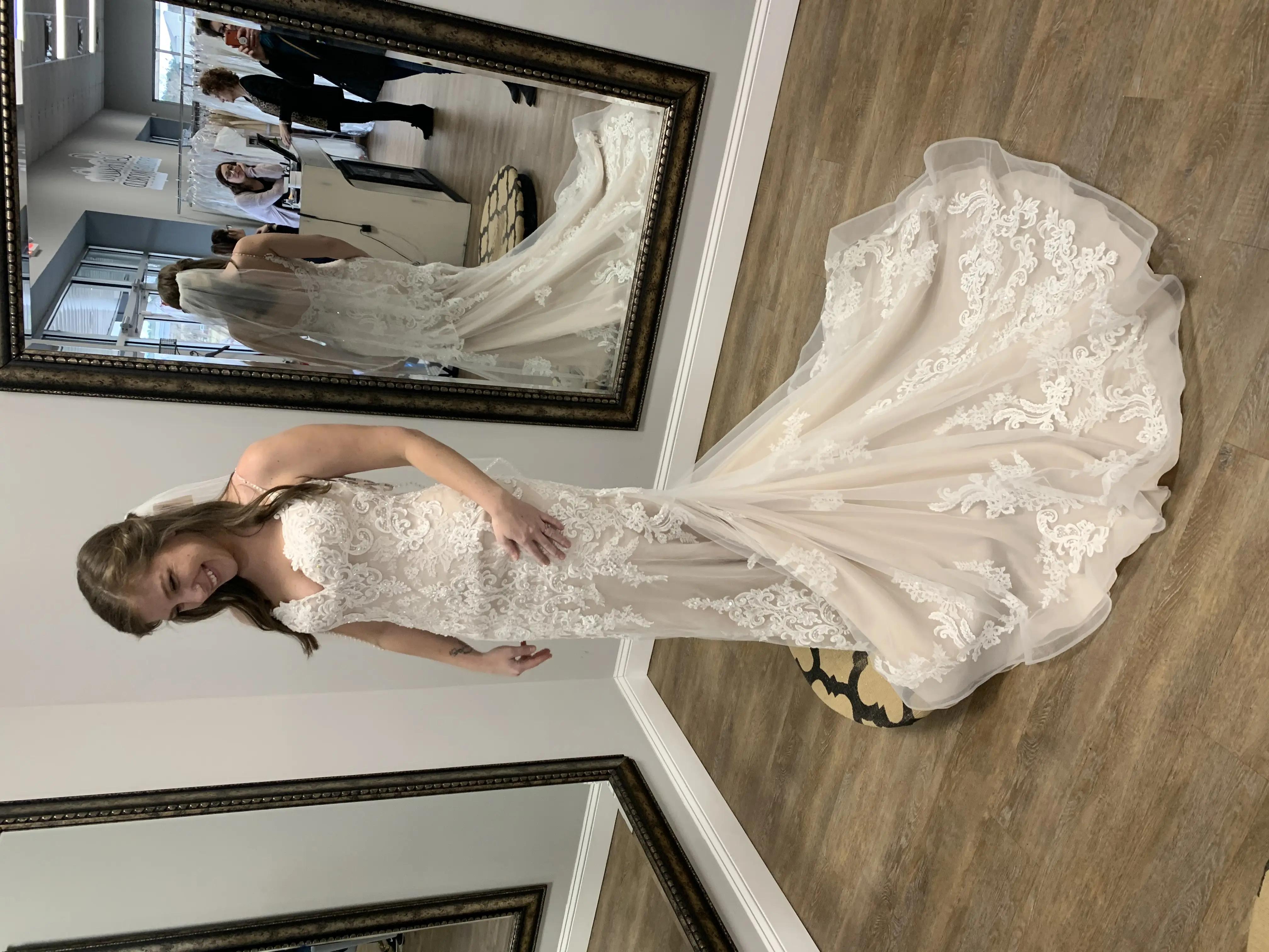 Bride Wearing Sheath Lace Wedding Dress Called Glorietta By Maggie Sottero