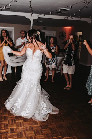 Bride Wearing Mermaid Wedding Dress With Oversized Lace Hattie By Rebecca Ingram