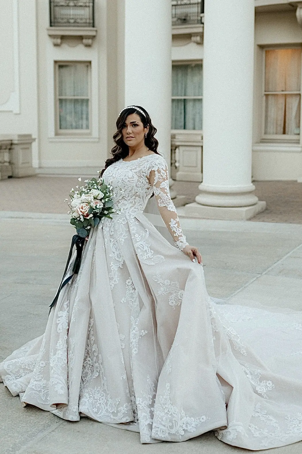 Real Bride in Long Sleeve Regal Ball Gown Wedding Dress in Sparkly Lace Called Norvinia Lynette by Sottero & Midgely