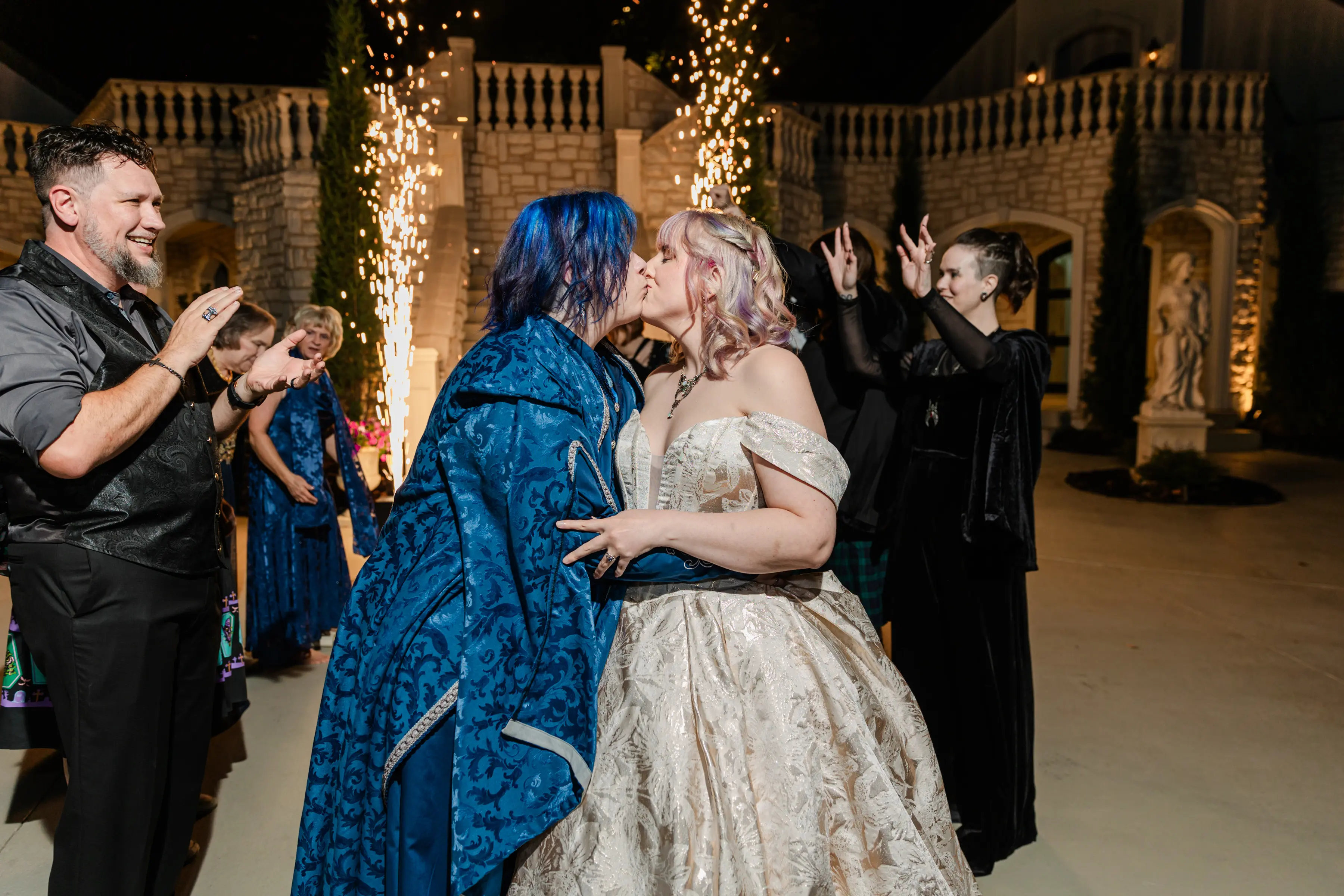 Bride Wearing Jaquard Wedding Dress Called Derrick Marie By Maggie Sottero Kissing Her Partner