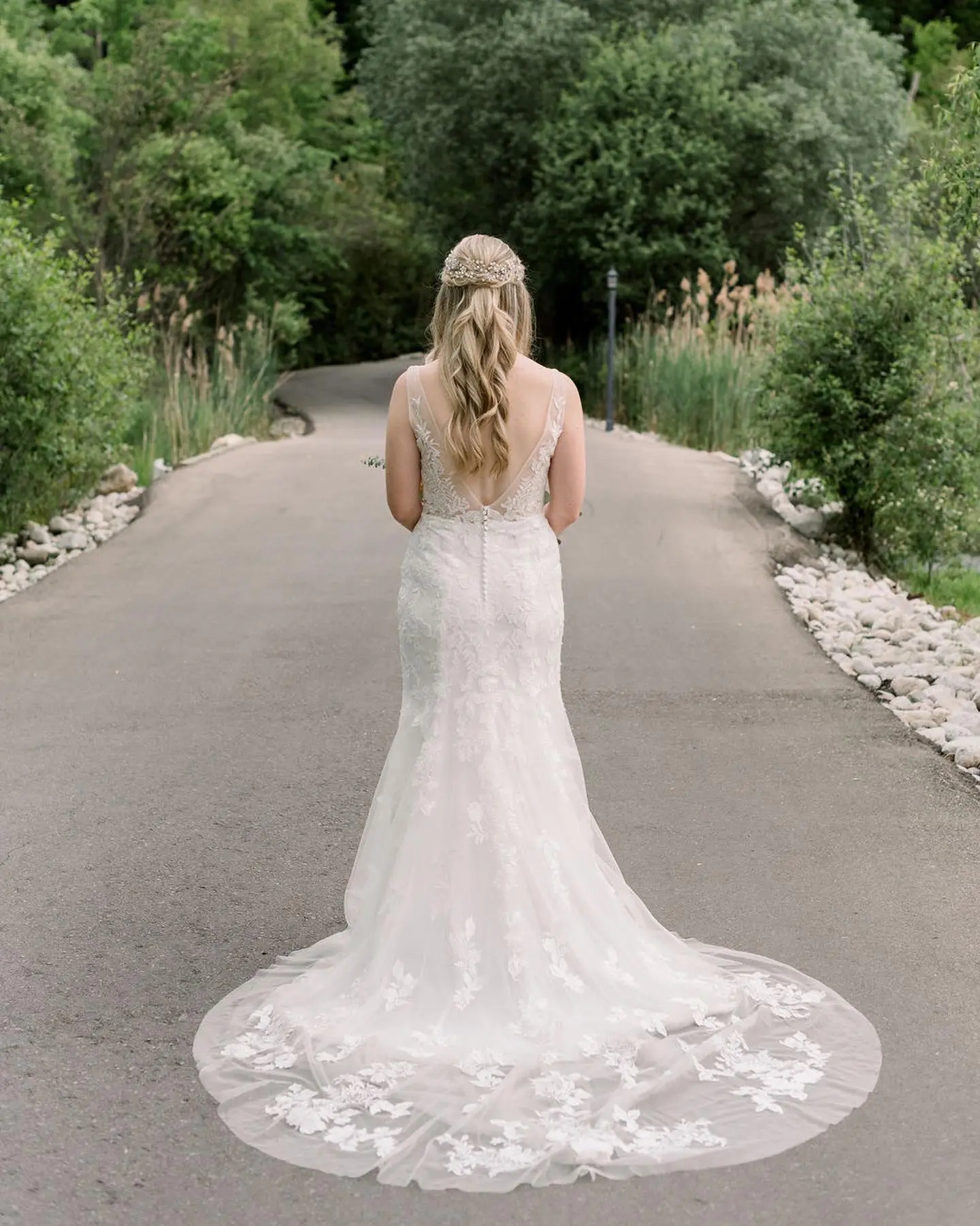 Bride in Floral Fit-and-Flare Wedding Dress Decked Out in Garden-Inspired Lace called Greenley by Maggie Sottero