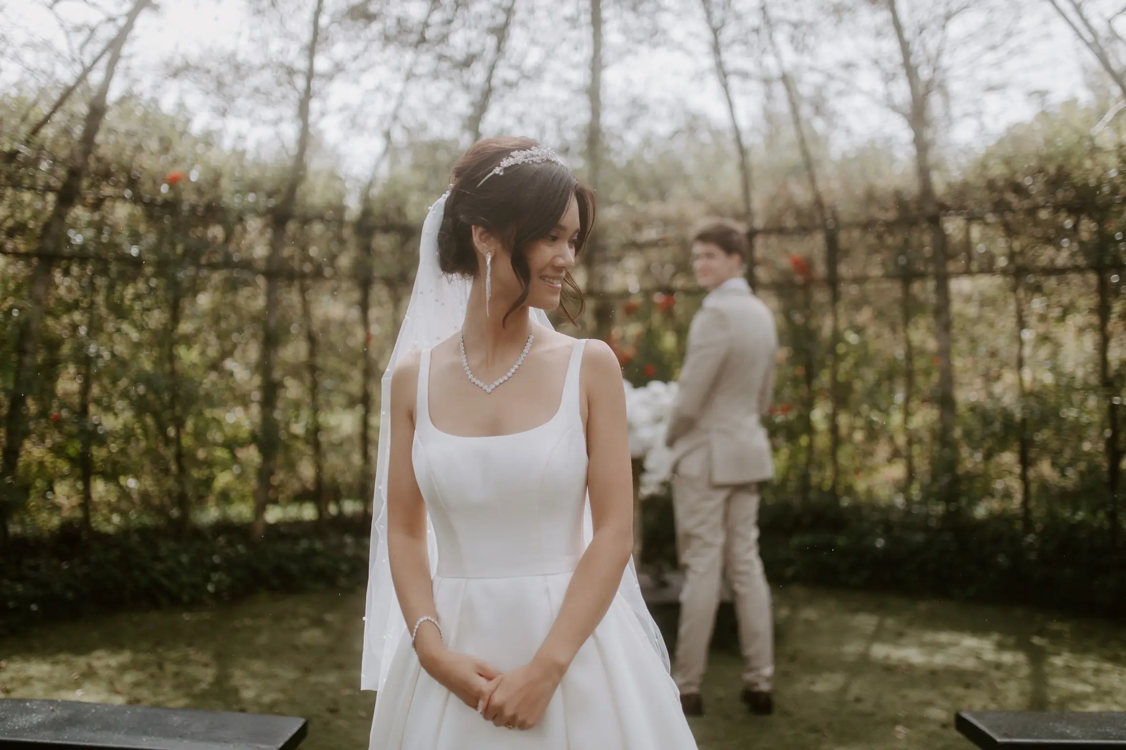 Bride In Satin A-Line Wedding Dress Called Selena By Maggie Sottero With Groom