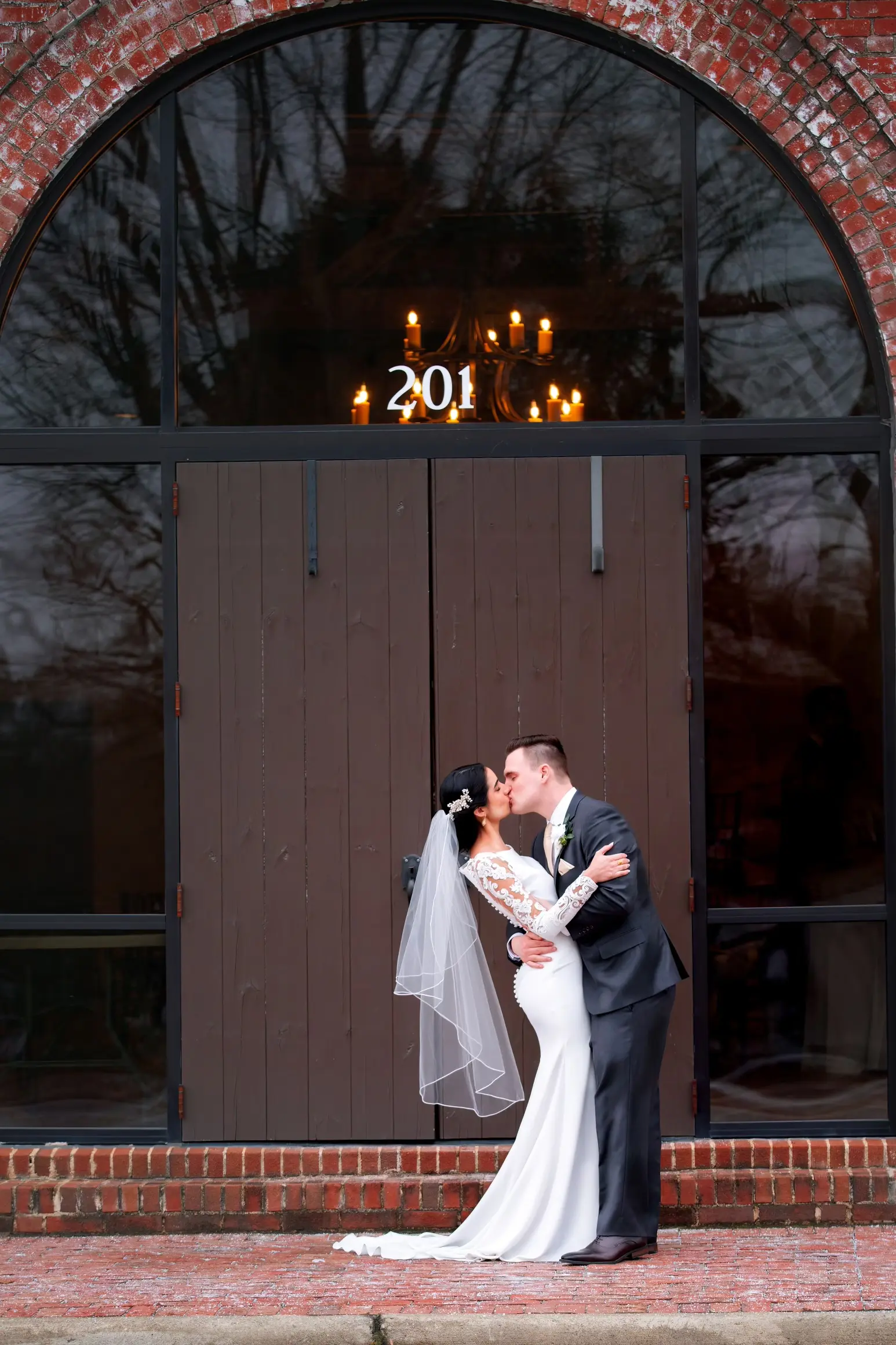 Bride In Long Sleeve Dress With Short Veil Called Bethany By Rebecca Ingram