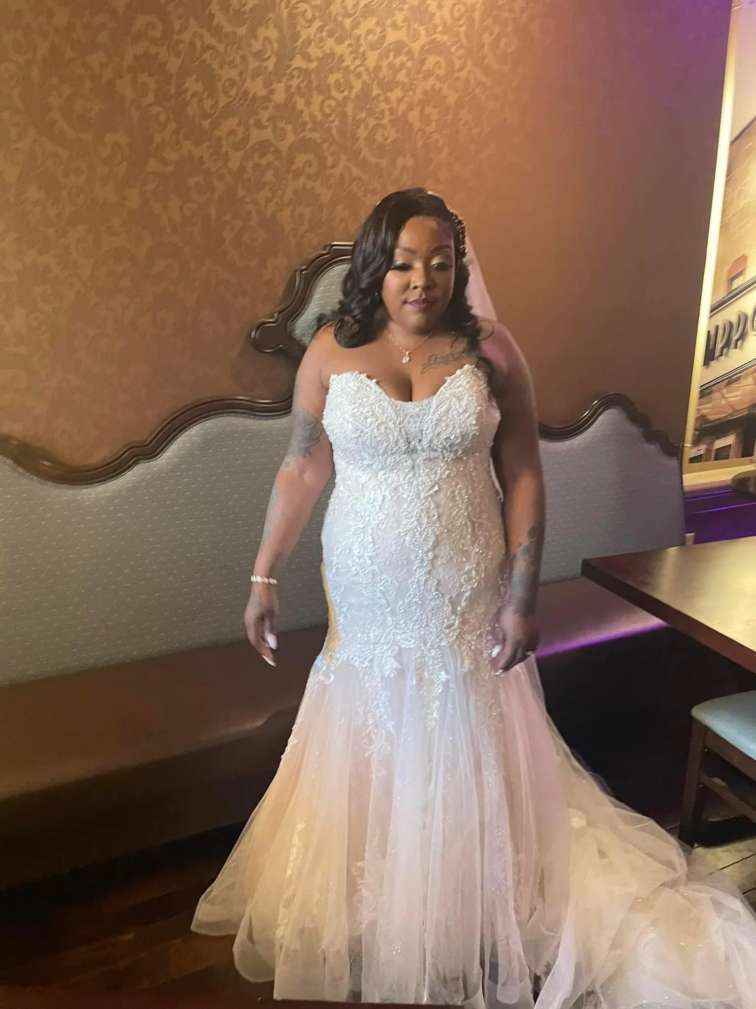 Bride In Beaded Lace Mermaid Wedding Dress Called Lonnie Lynette By Maggie Sottero