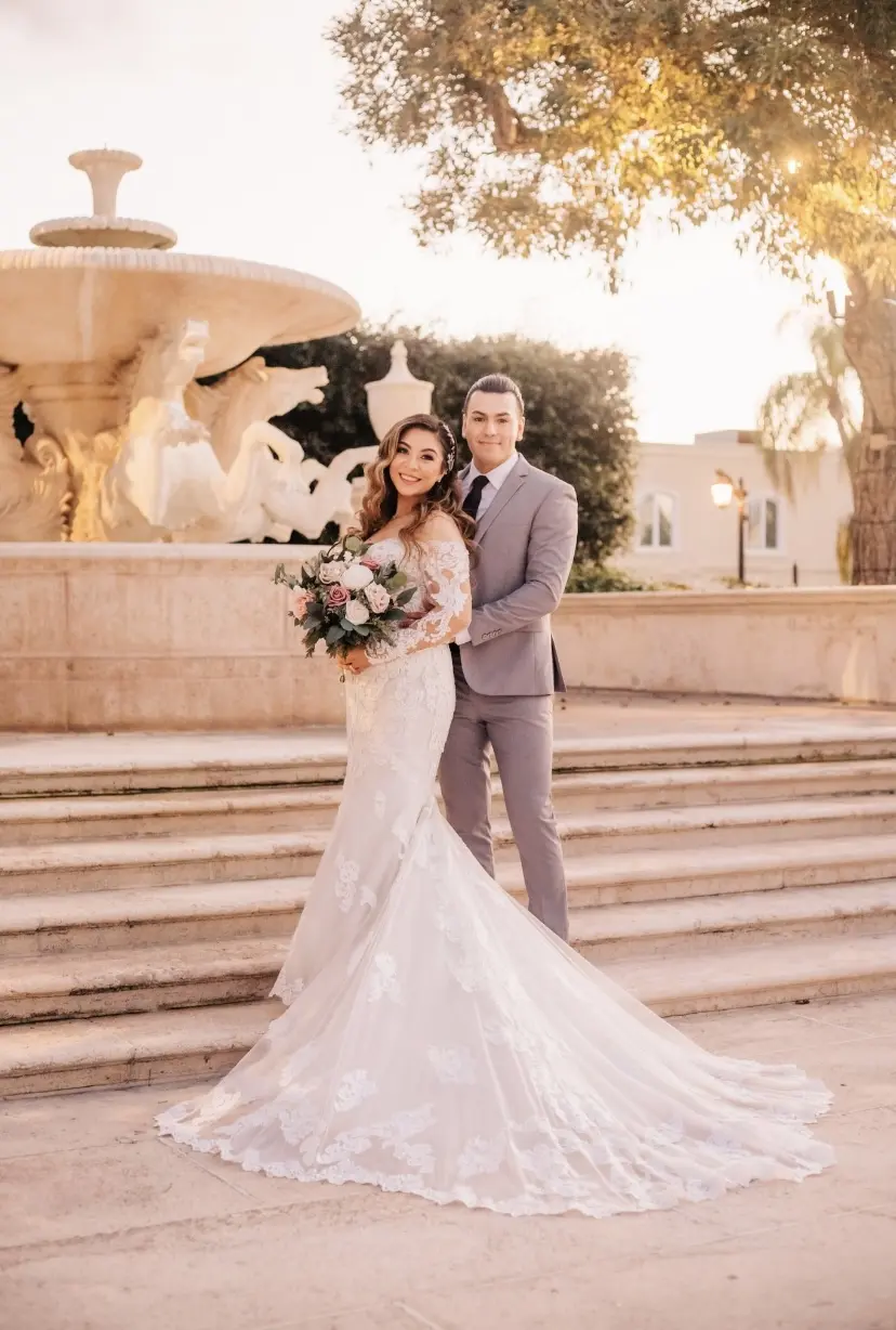 Bride Wearing Lace Sheath Wedding Dress Called Fiona By Maggie Sottero With Groom Next To Fountain