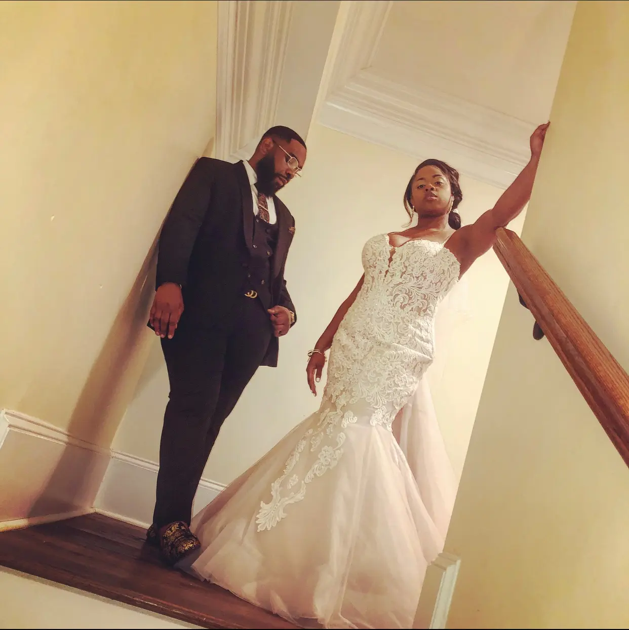 Bride wearing Lace Mermaid Wedding Dress called Alistaire by Maggie Sottero with her groom