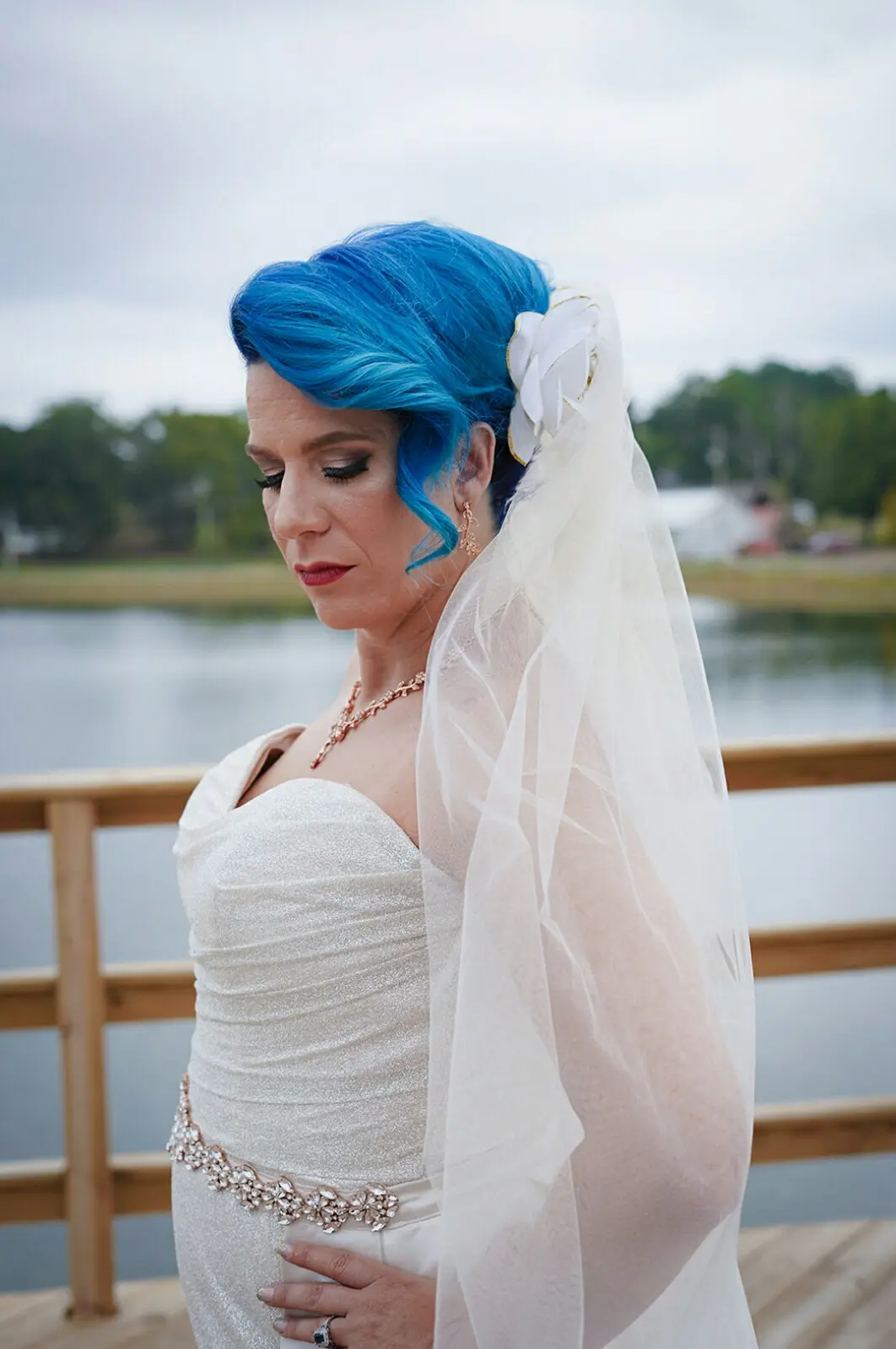 Bride Wearing Sparkly Fit-and-Flare Wedding Dress