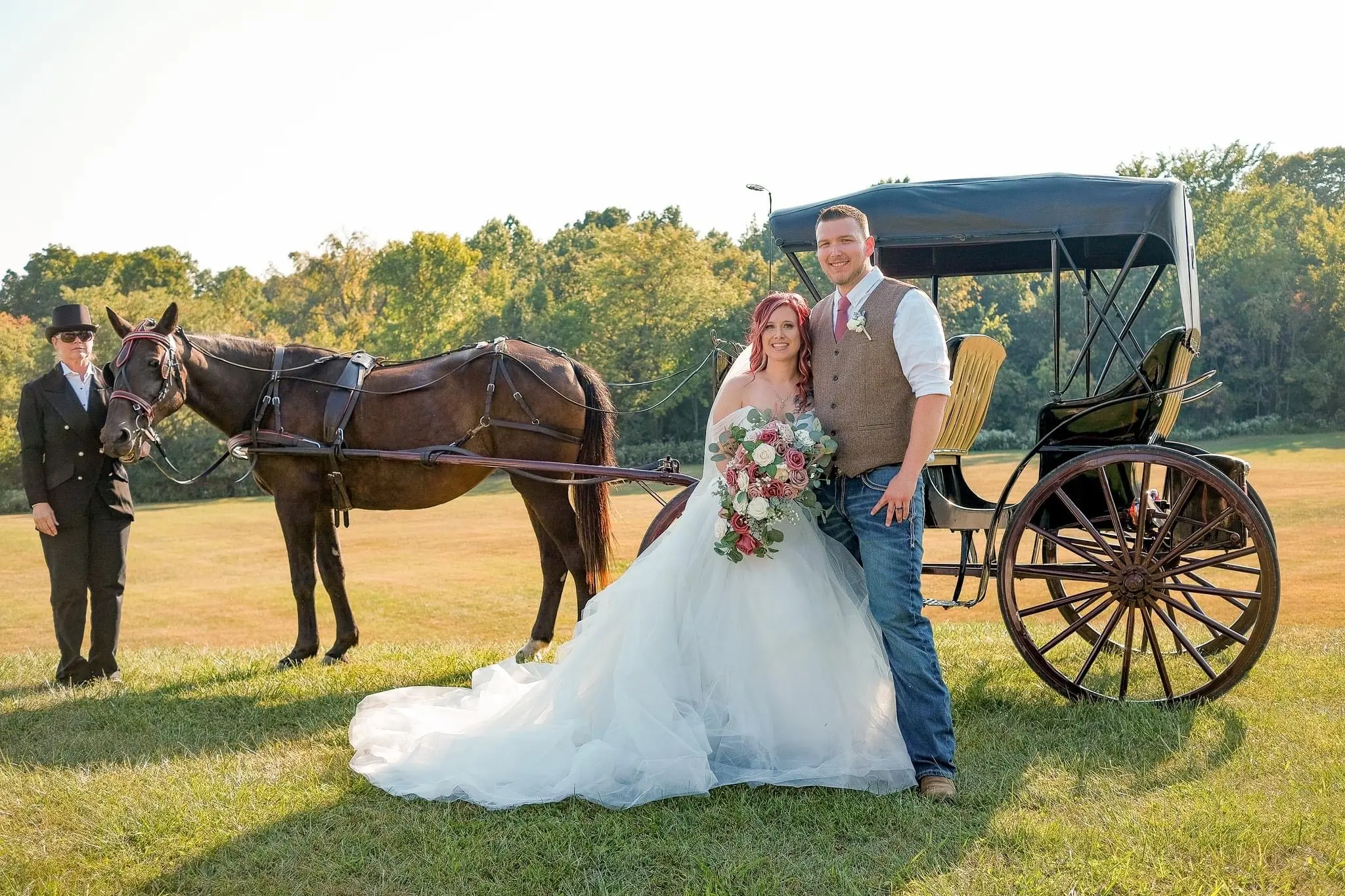 Bride Wearing Sparkly Princess Ballgown Wedding Dress Called Yasmin By Maggie Sottero With Groom Next To A Horse And Buggy