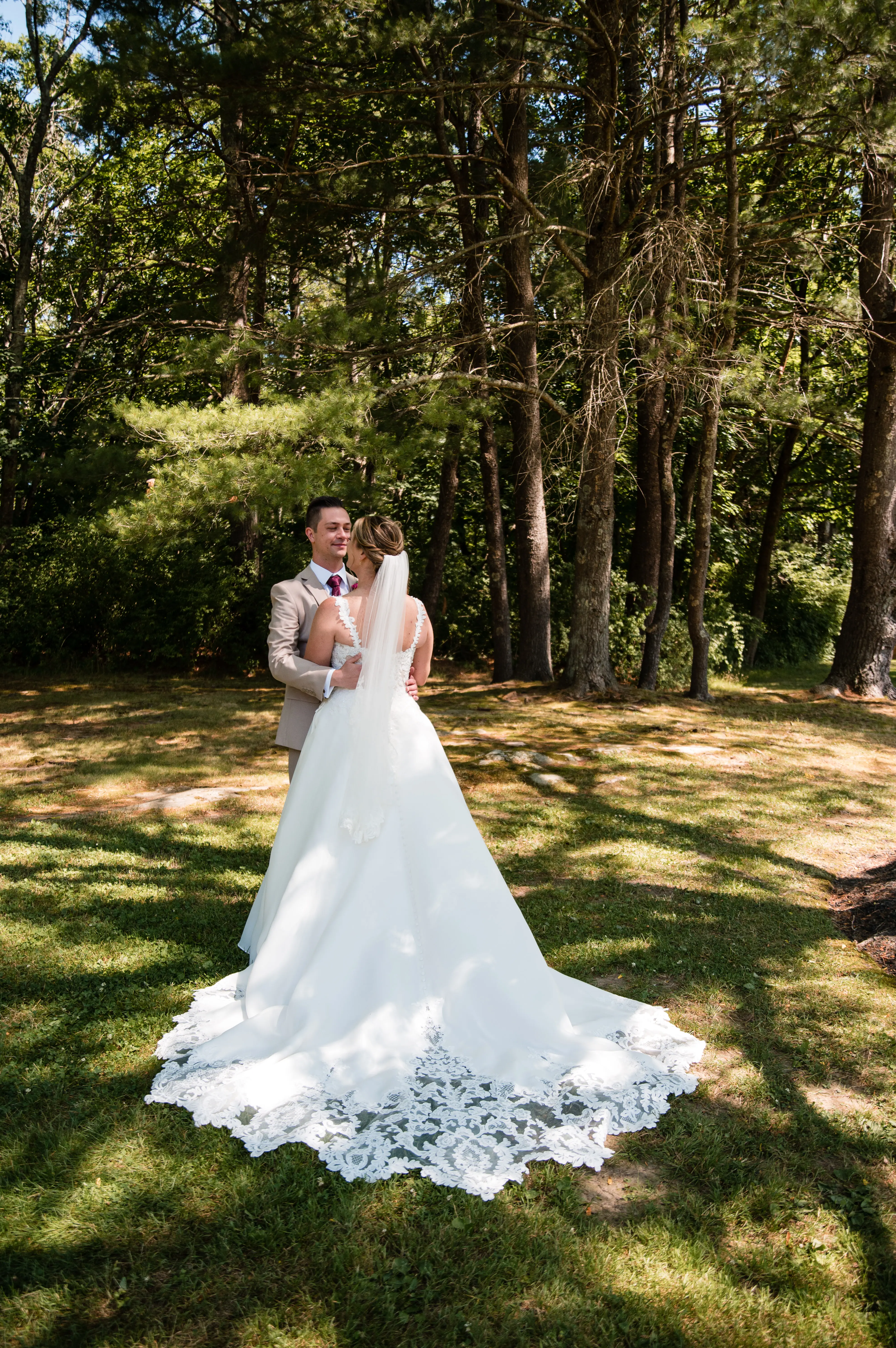 Real Bride in Beaded Lace Organza Wedding Dress Called Savannah By Maggie Sottero Doing First Look With Groom