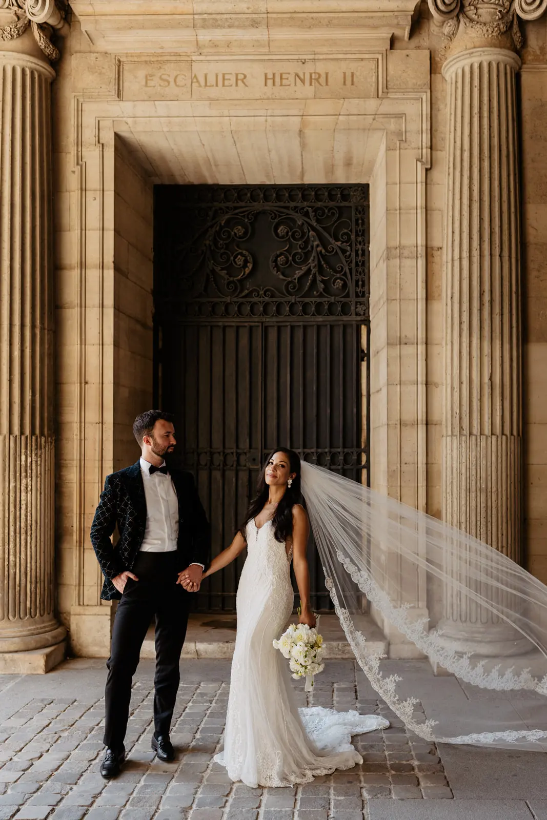 Groom Posing With Bride In Beaded Lace Sheath Bridal Gown Called Barrett By Sottero And Midgley