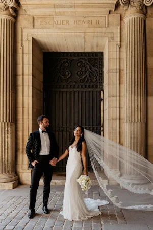 Groom Posing With Bride In Beaded Lace Sheath Bridal Gown Called Barrett By Sottero And Midgley