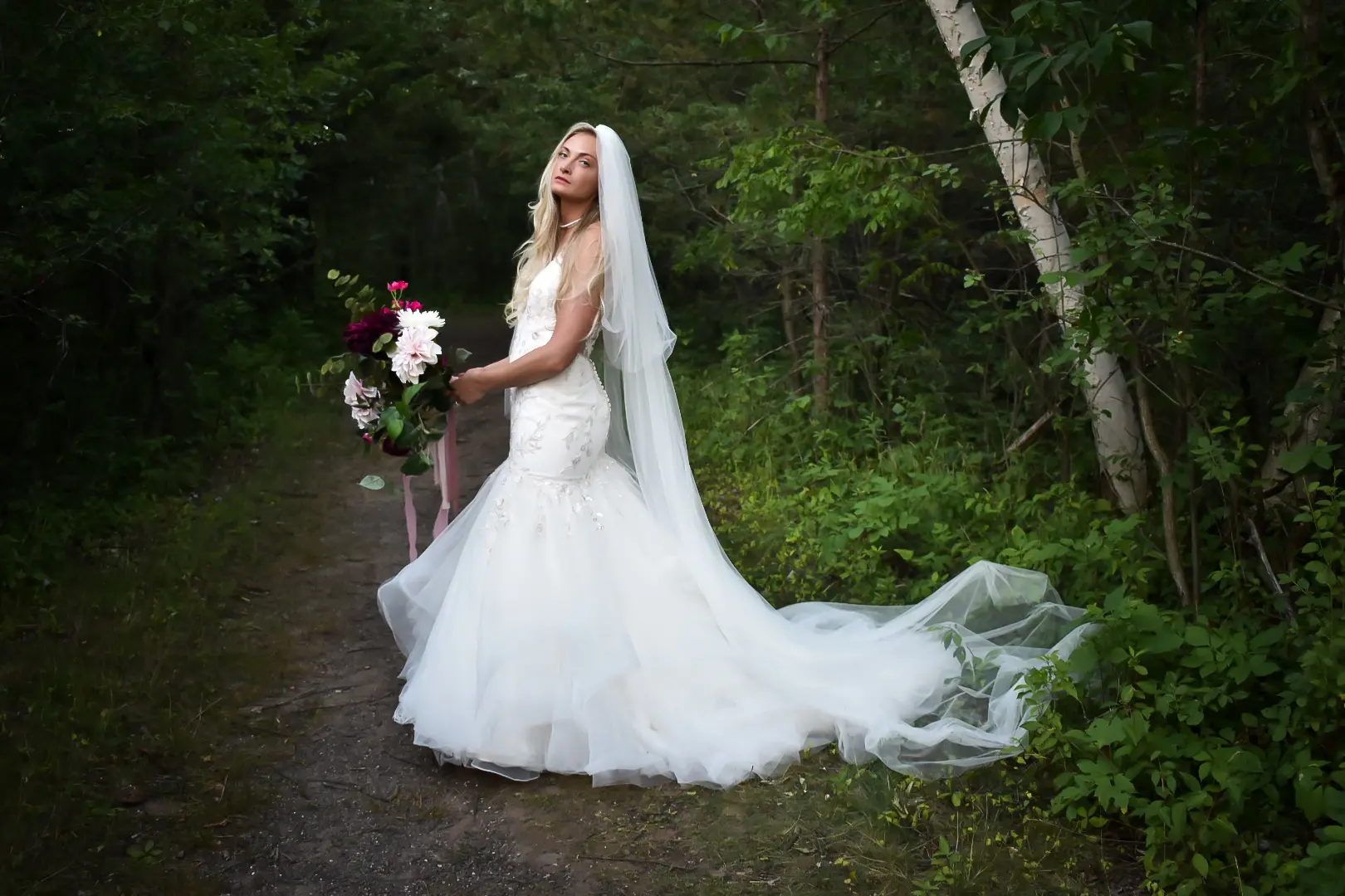 Bride Wearing Trumpet Wedding Dress With Colorful Floral Lace Motifs Kenleigh By Sottero And Midgley