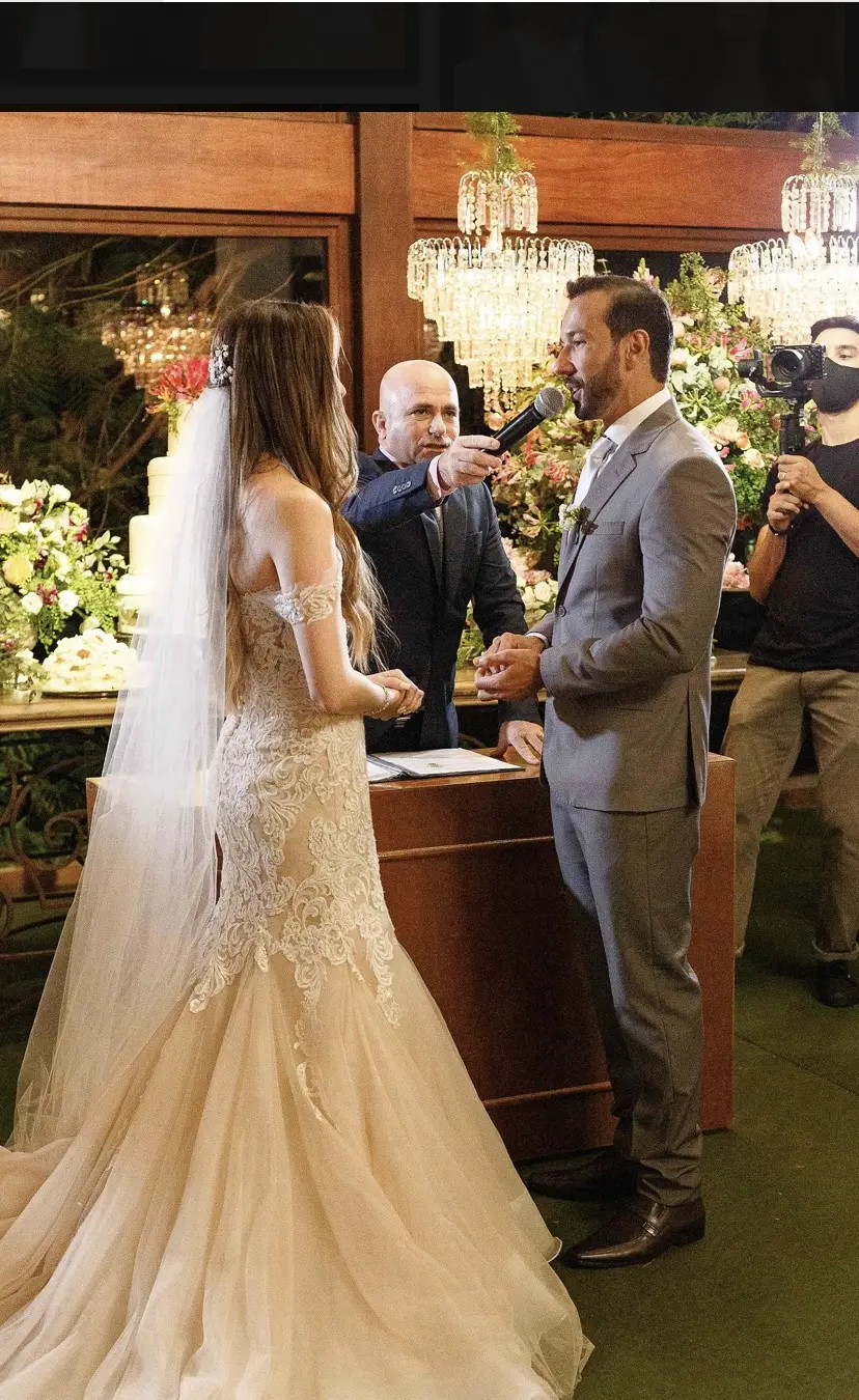 Groom Saying "I Do" to Bride in Premium Fit-and-Flare Bridal Gown with Beaded Lace Motifs Alistair by Maggie Sottero