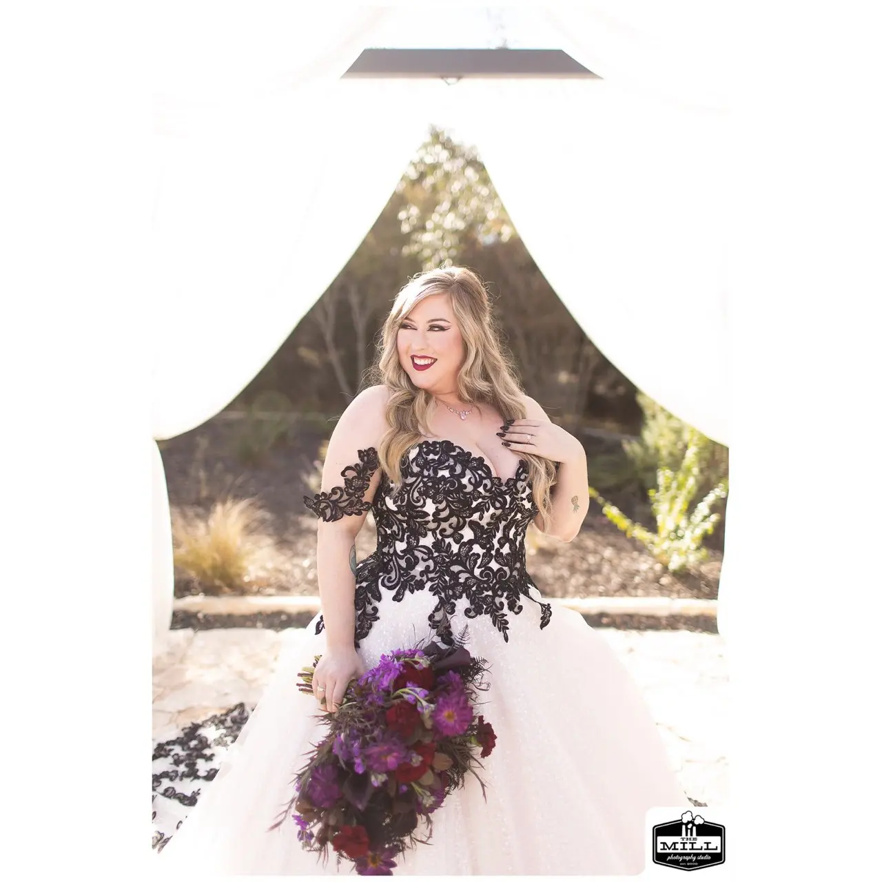 Real Bride in Black Lace Ball Gown Wedding Dress with Sweetheart Neckline Called Tristyn by Maggie Sottero