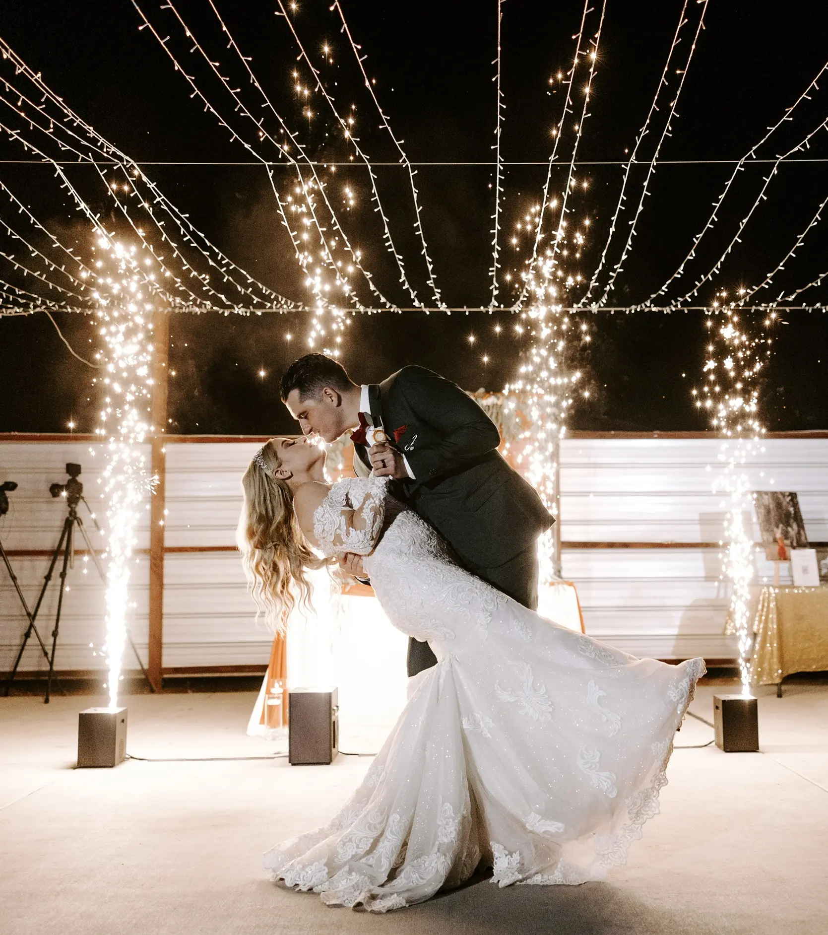 Real Bride in Sparkly Lace Fit-and-Flare Bridal Dress with Off-the-Shoulder Sleeves Called Fiona by Maggie Sottero