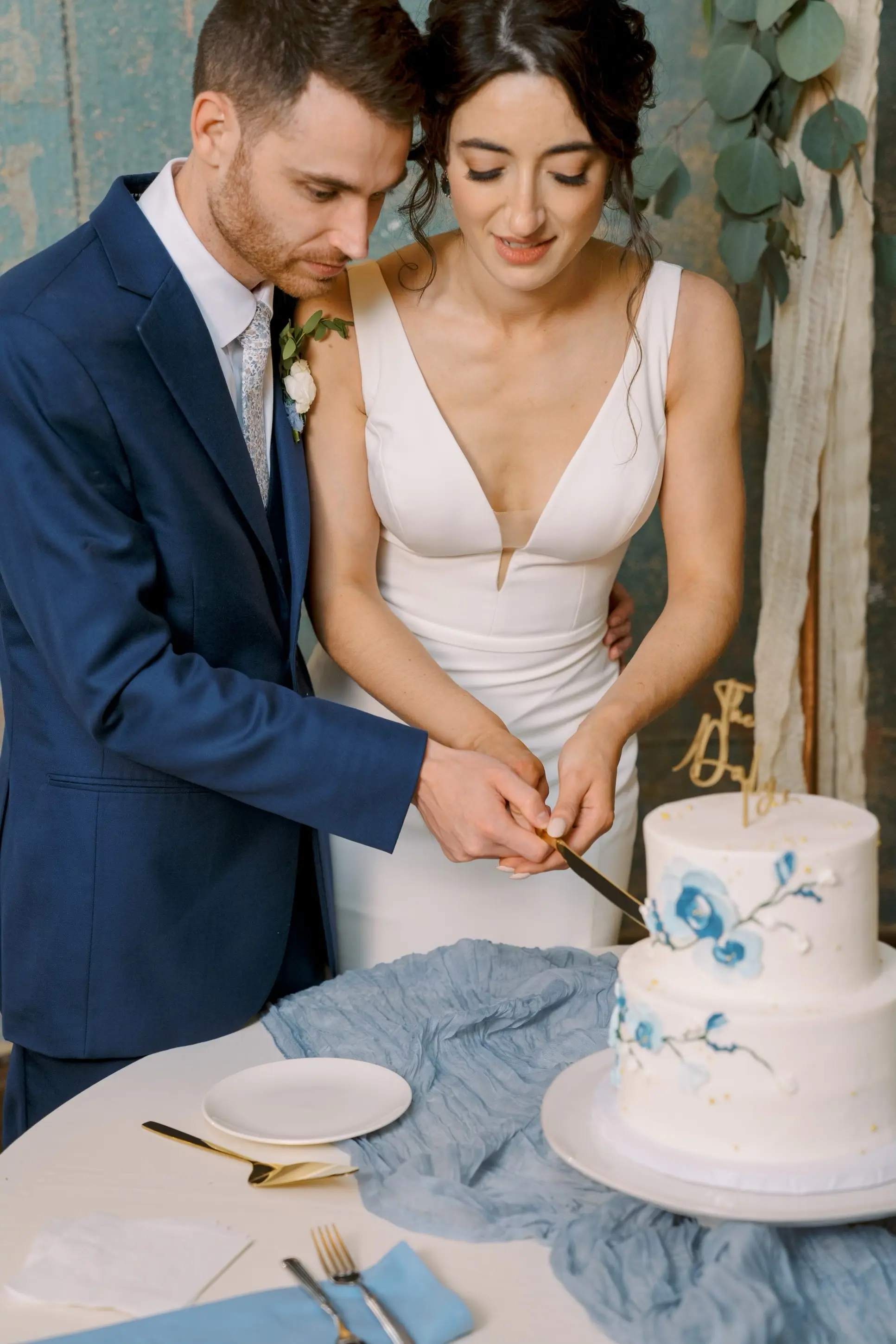 Bride In Simple Crepe V-neck Theodora Rebecca Ingram With Groom