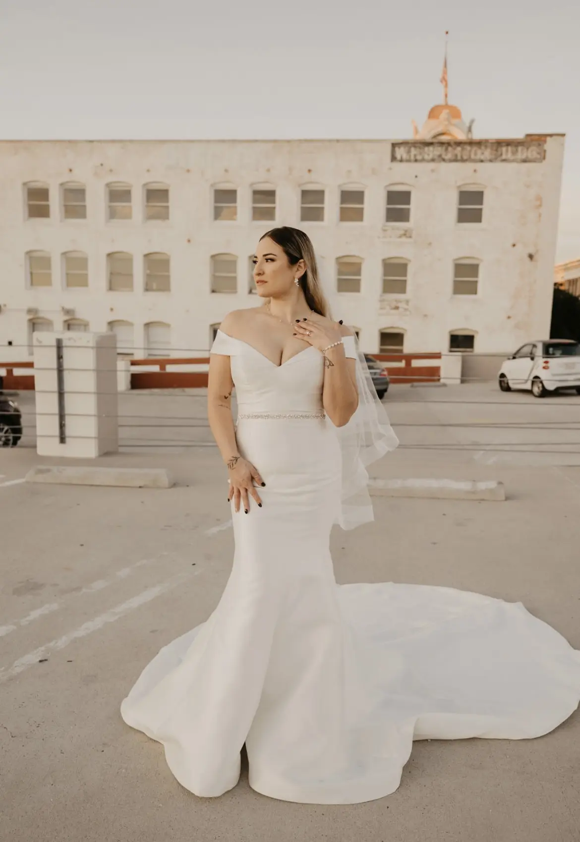 Bride In Off-the-Shoulder Fit-and-Flare Josie Rebecca Ingram