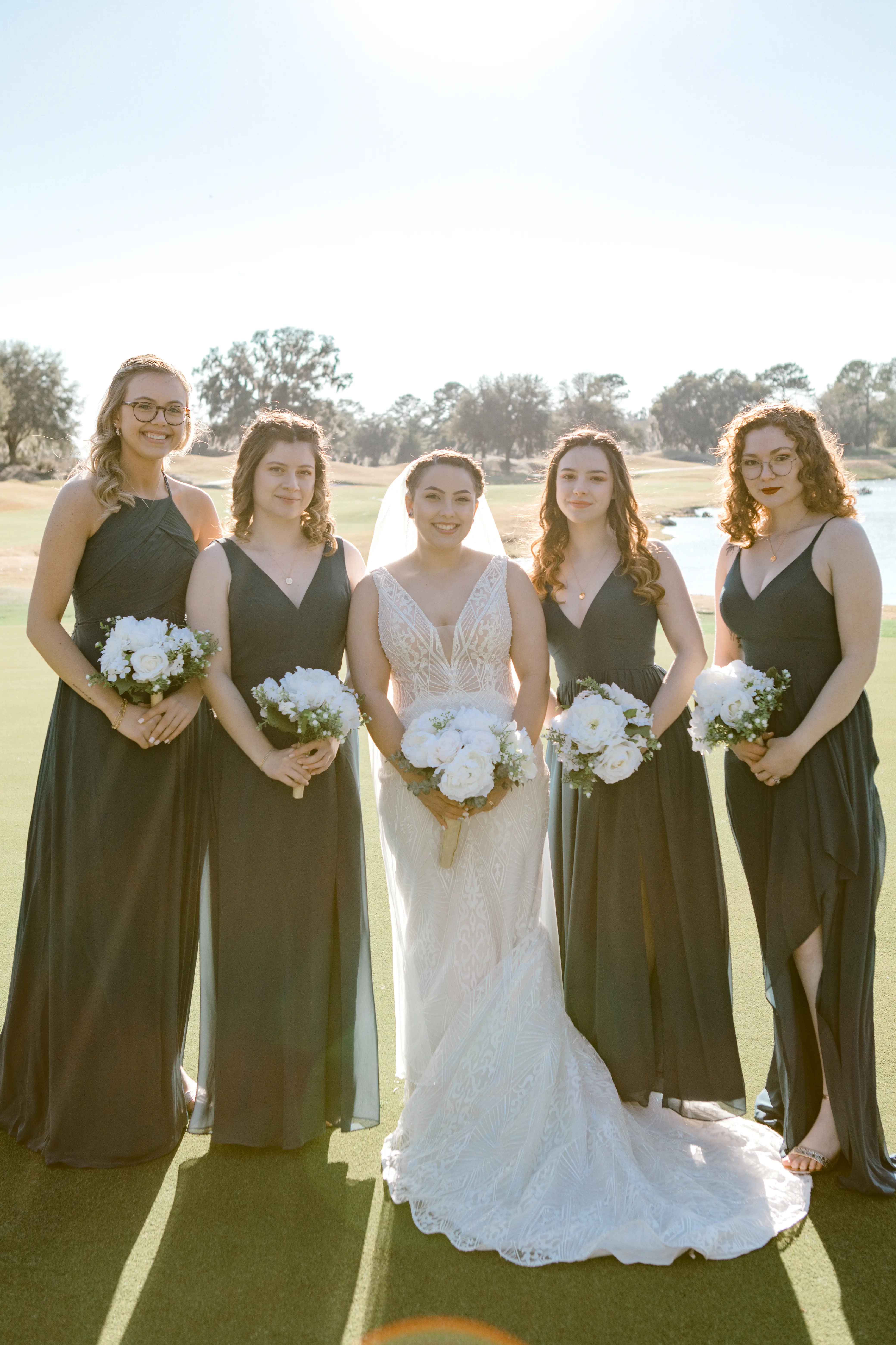 Bridal Party with Bride in Gorgeous Art Deco Wedding Dress with Plunging Illusion V-Neckline Called Elaine by Maggie Sottero