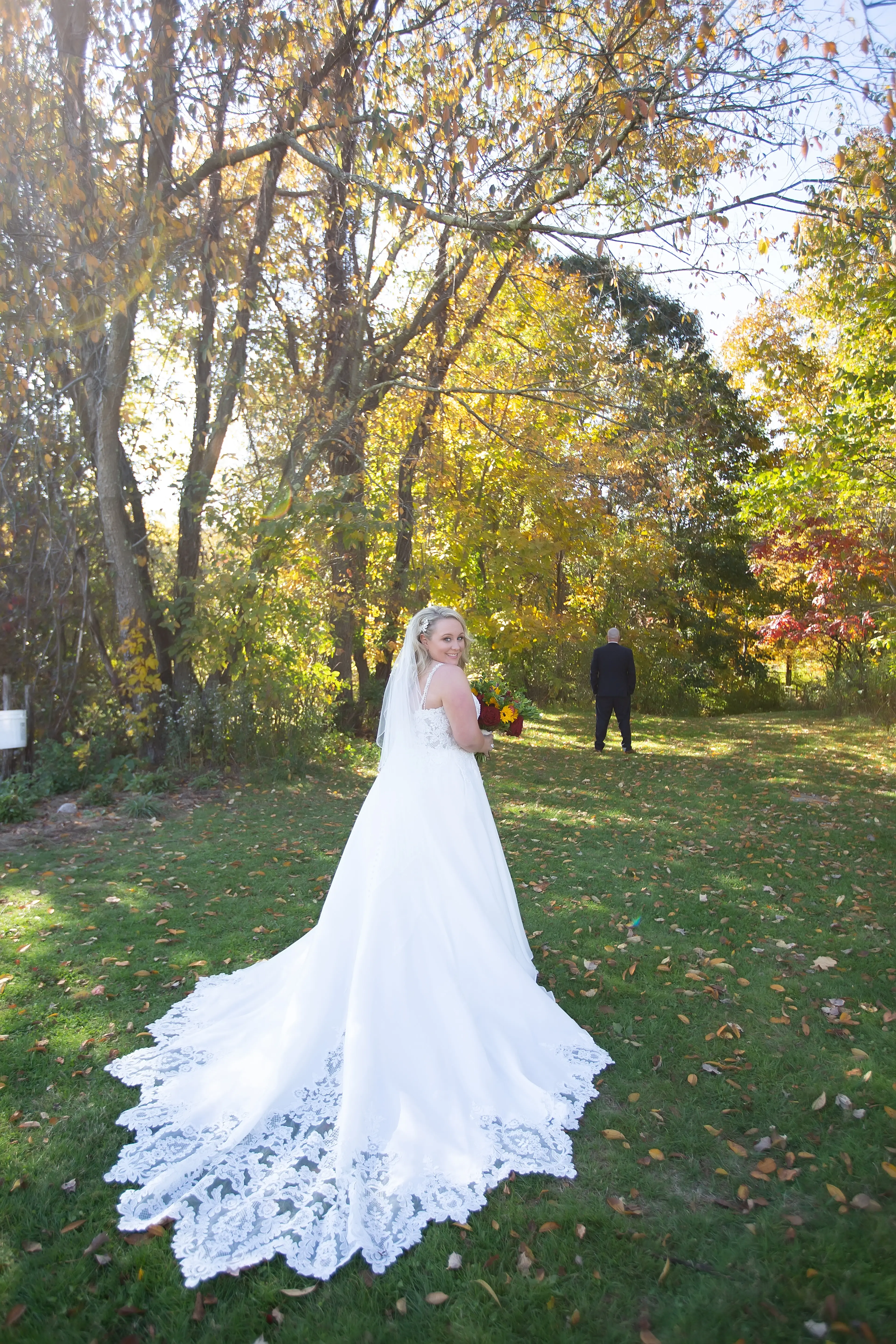 Bride Wearing Lace Ballgown Wedding Dress Called Savannah By Maggie Sottero In The Forest