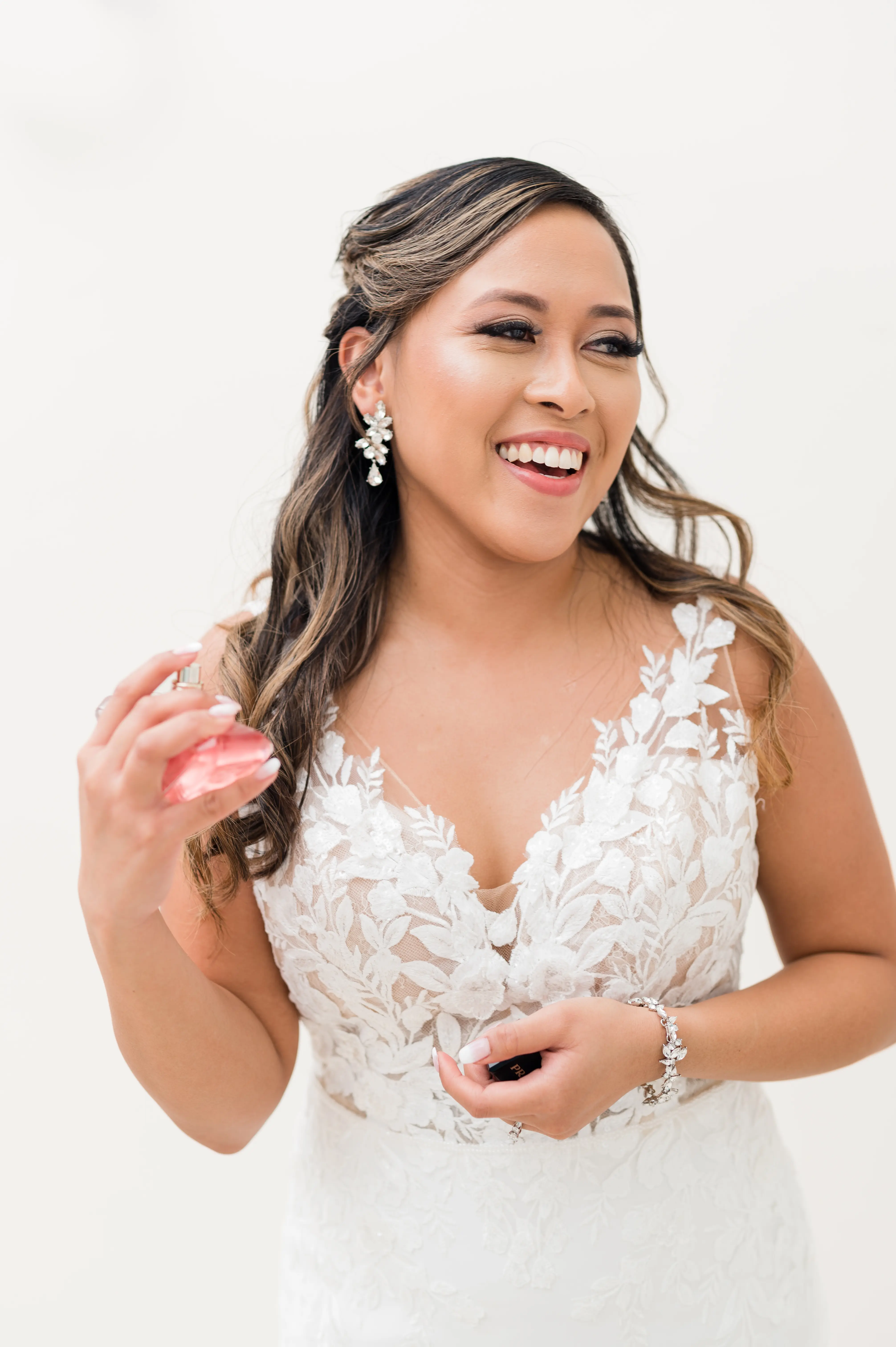 Real Bride in Backless Crepe Wedding Gown with Scalloped Lace Cutout Train Called Baxley by Maggie Sottero