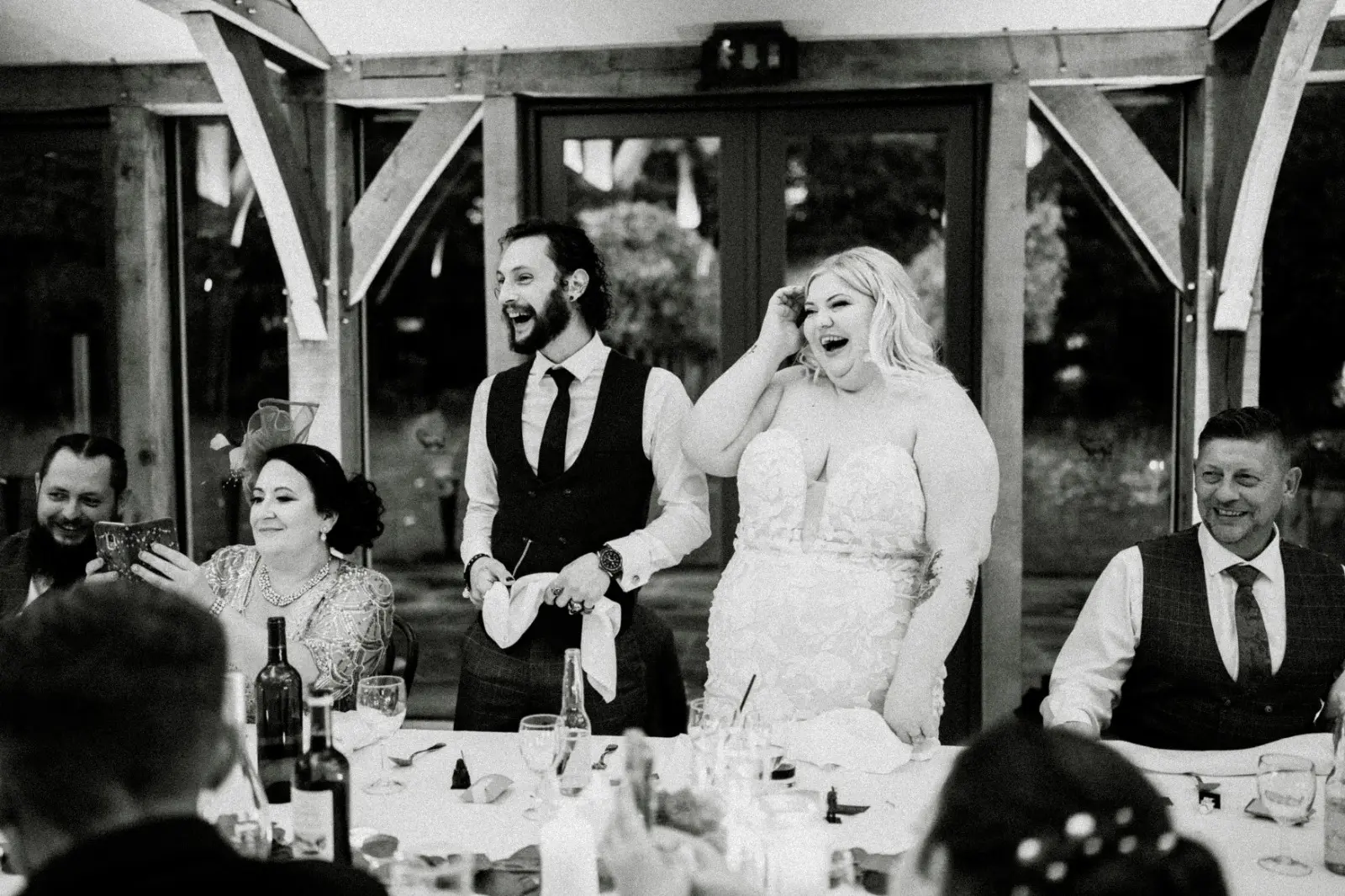 Bride Wearing Lace Mermaid Wedding Dress Called Hattie By Rebecca Ingram At The Wedding Dinner With Groom