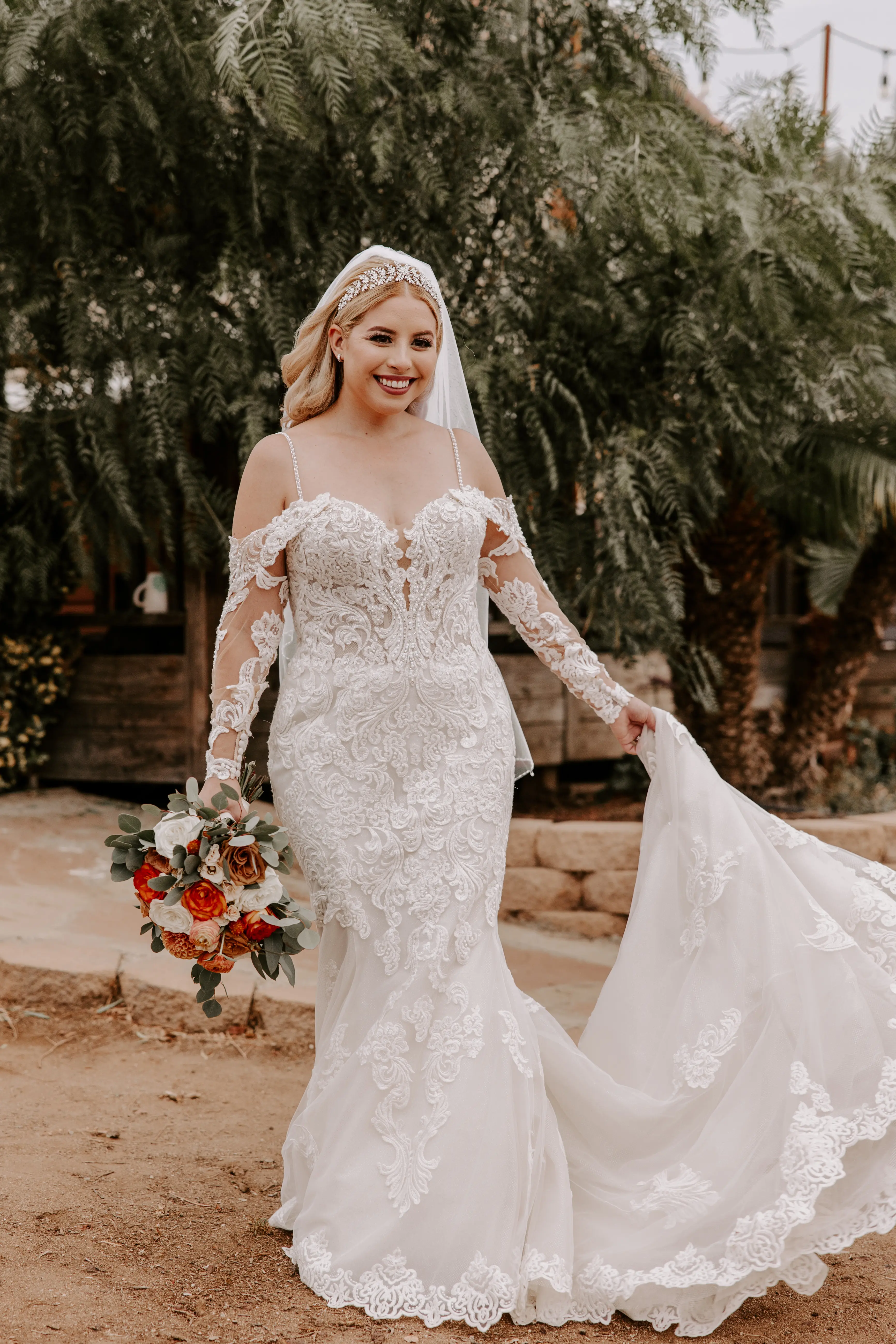 Real Bride in Sparkly Lace Fit-and-Flare Wedding Gown with Off-the-Shoulder Sleeves Called Fiona by Maggie Sottero
