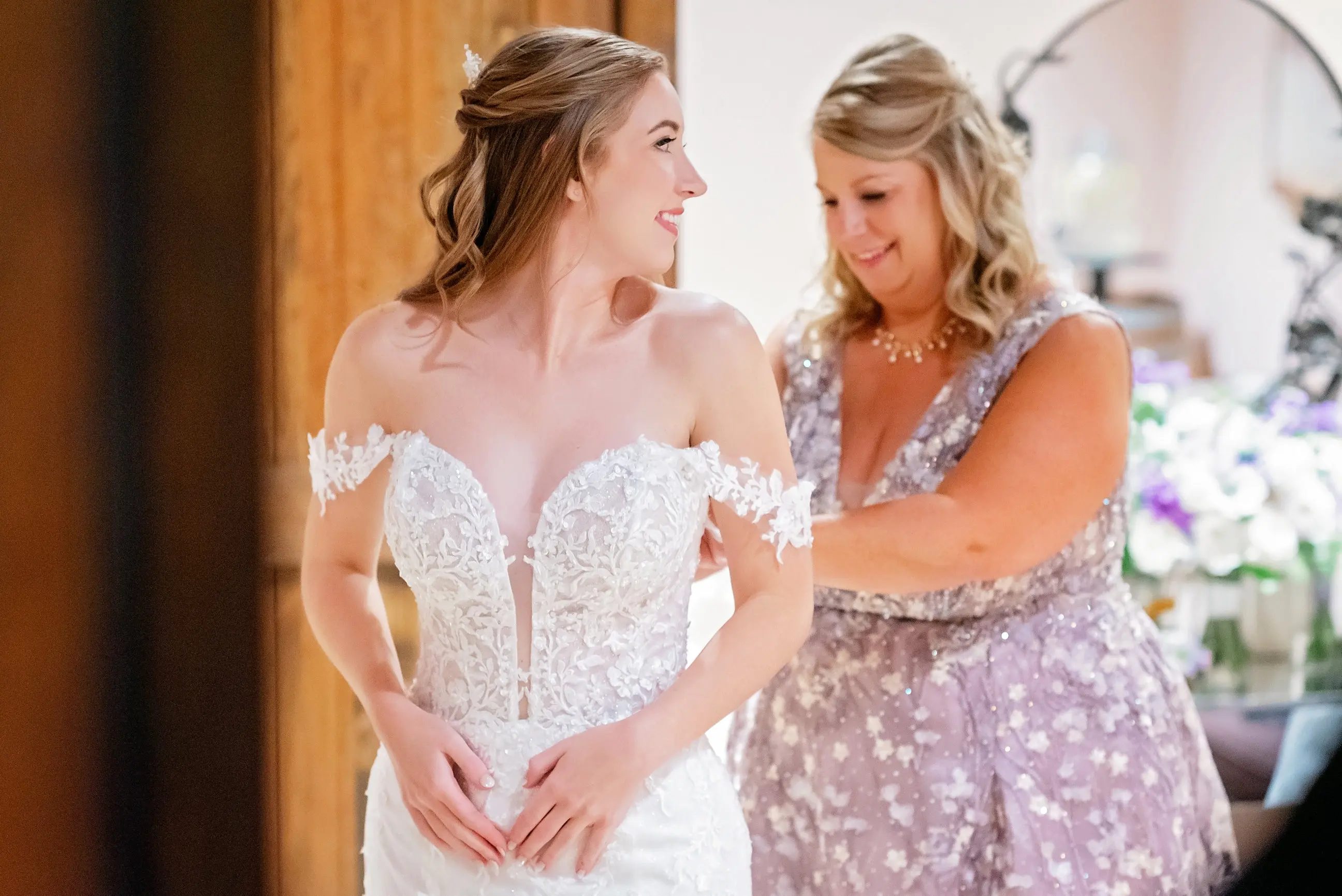 Bride Wearing Lace Wedding Dress Called Lennon By Maggie Sottero Getting Dressed