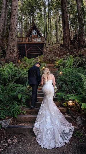 Bride Wearing Lace Mermaid Wedding Gown Called Tuscany Marie By Maggie Sottero With Groom In The Forest