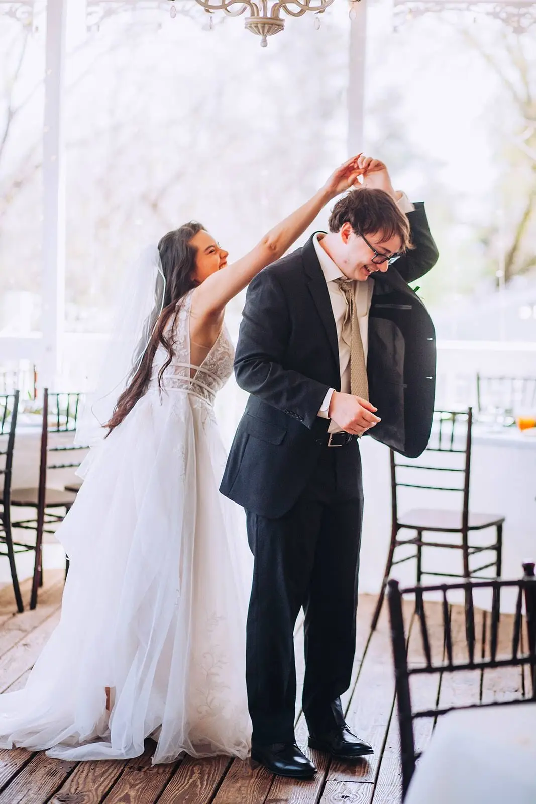 Groom With Bride Wearing Lace A-Line Wedding Dress Raelynn By Rebecca Ingram