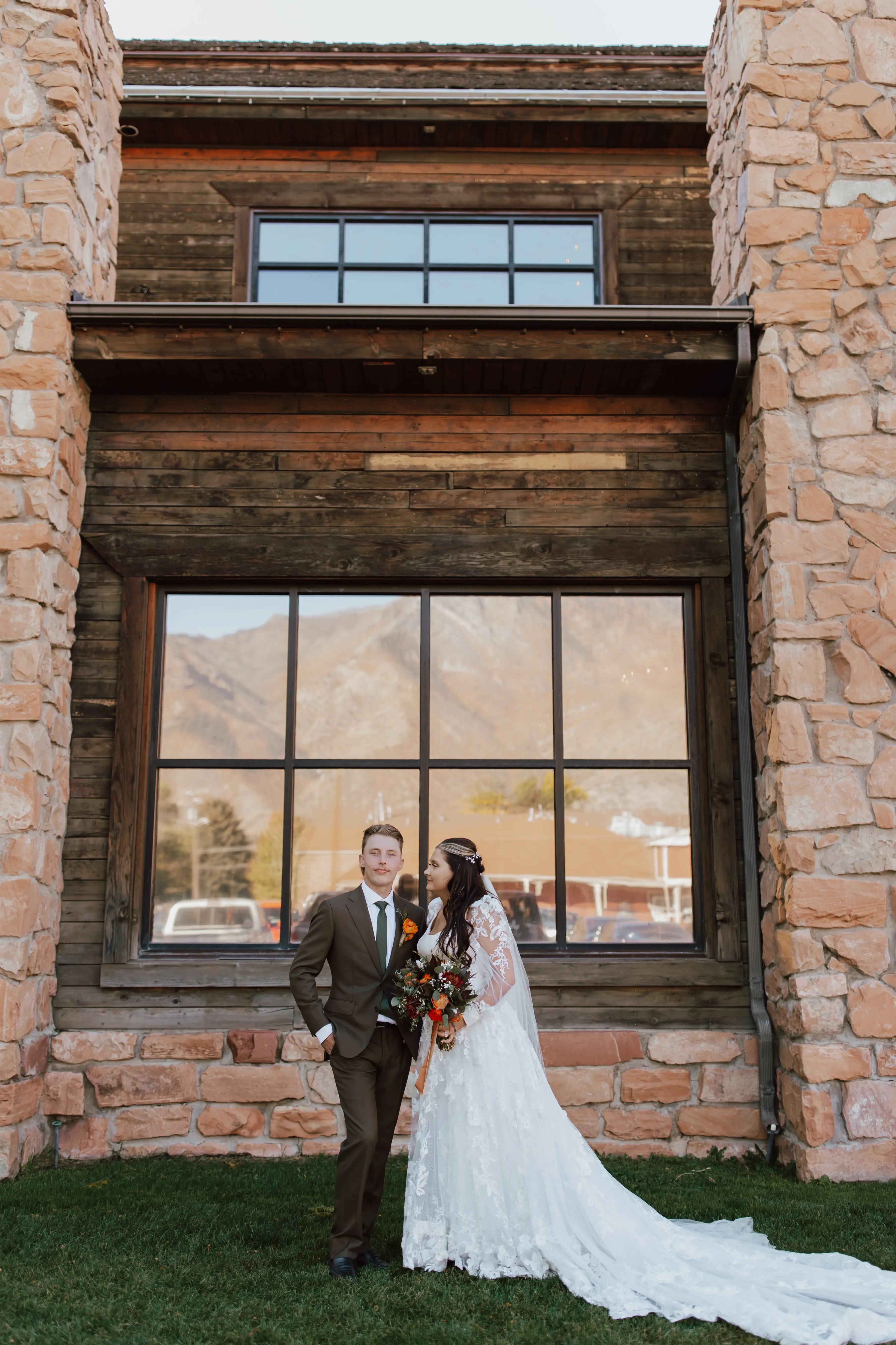 Groom And Bride Wearing Sparkly Modern Ball Gown Wedding Dress With A Mikado Bodice Called Greer By Maggie Sottero