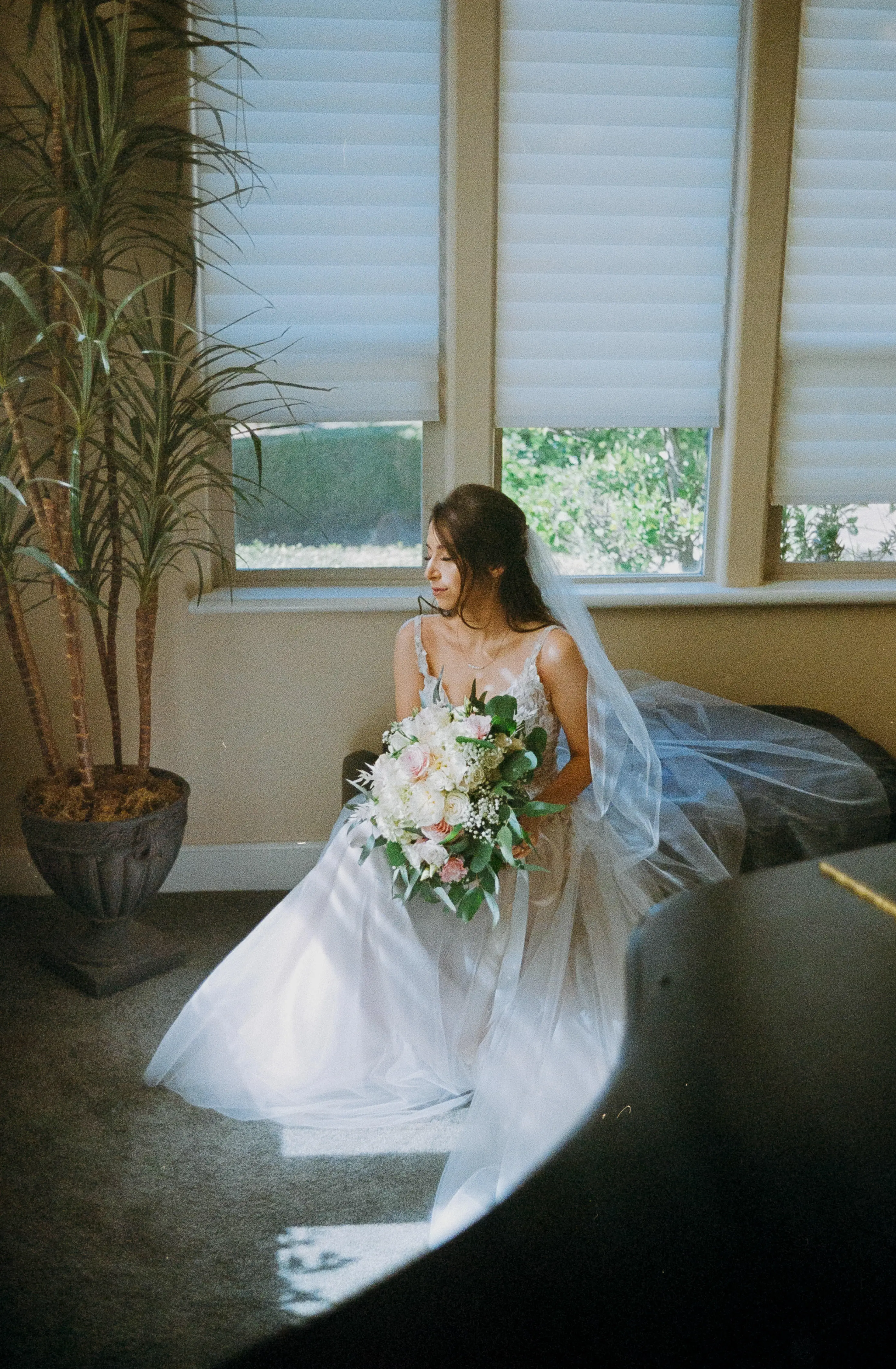 Bride in Magical A-Line Wedding Dress with Textured Illusion Motifs Called Minerva by Rebecca Ingram