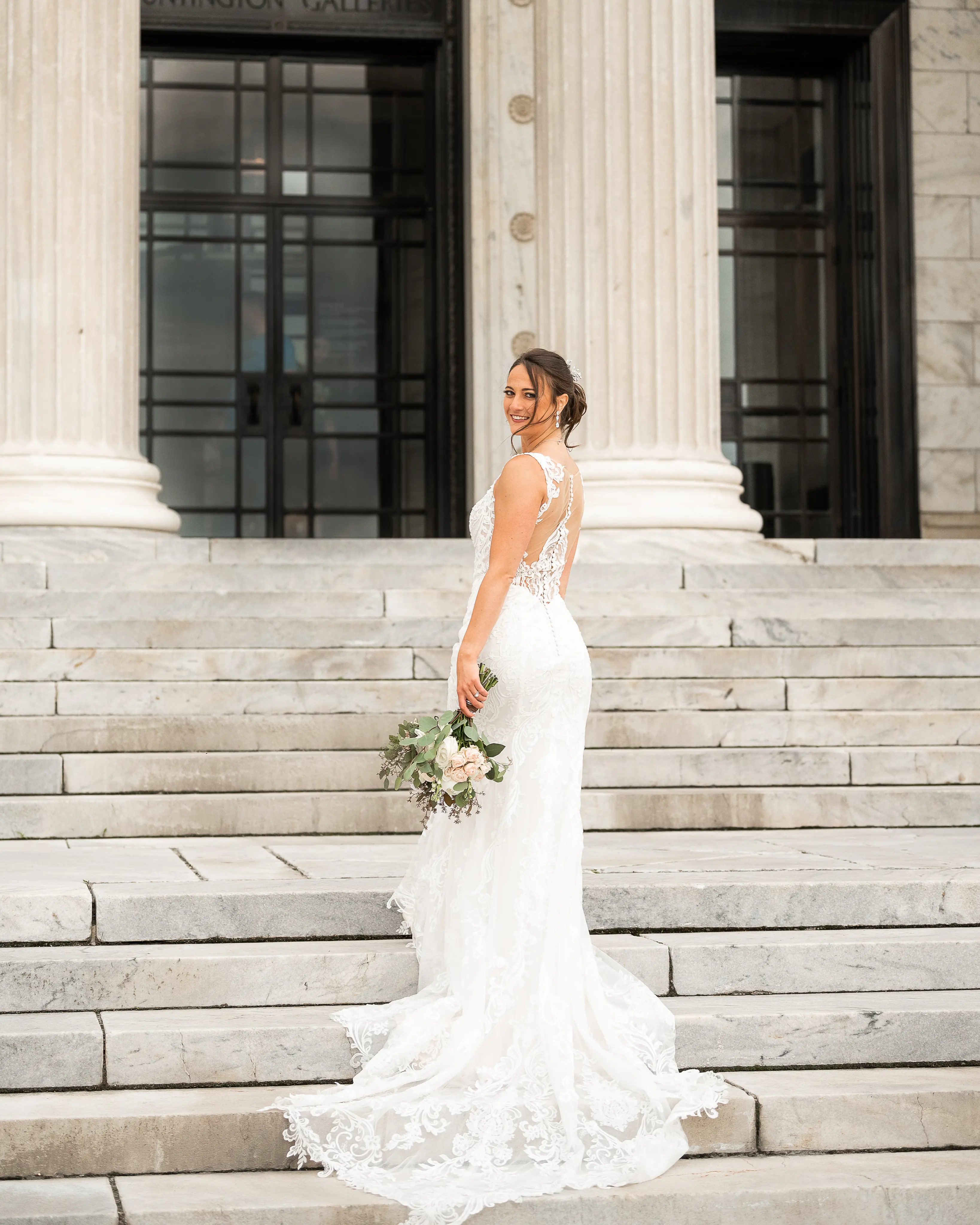 Real Bride in Elegant Lace Sheath Bridal Dress with Beaded Lace Motifs and Scalloped Lace Train Called Hamilton by Sottero & Midgley