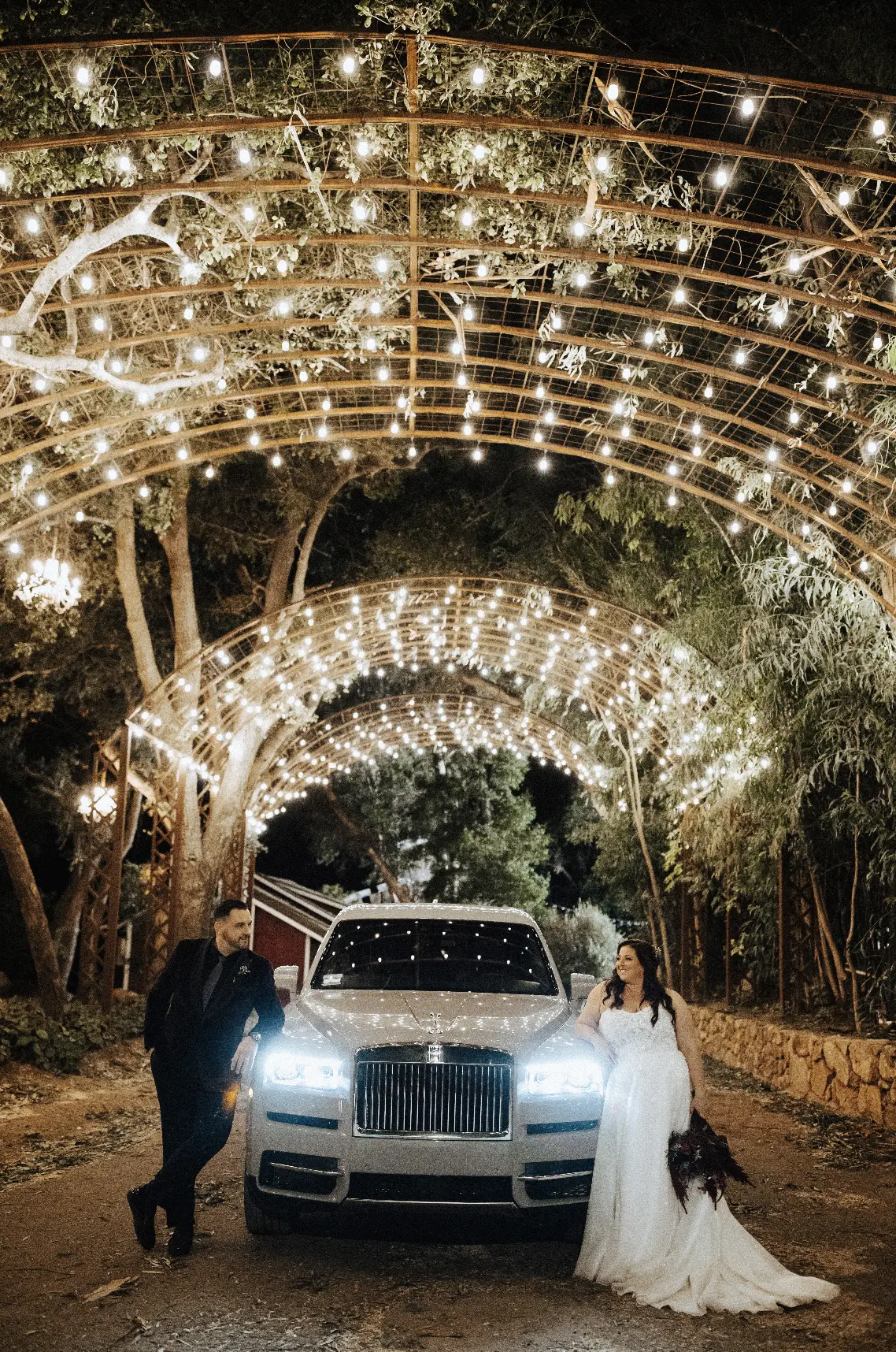 Groom and Bride Wearing A-line Bridal Dress Ainsleigh By Rebecca Ingram Next To A Limo