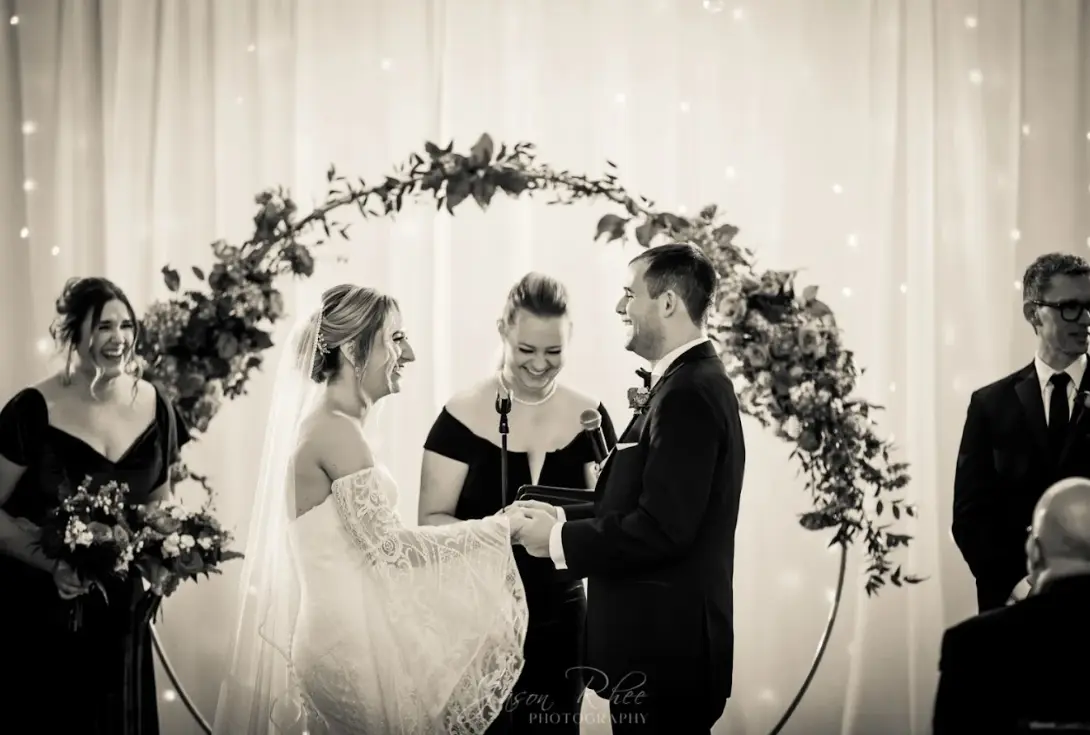 Bride Wearing Boho Sleeved Wedding Dress Bronson By Sottero And Midgley Exchanging Vows
