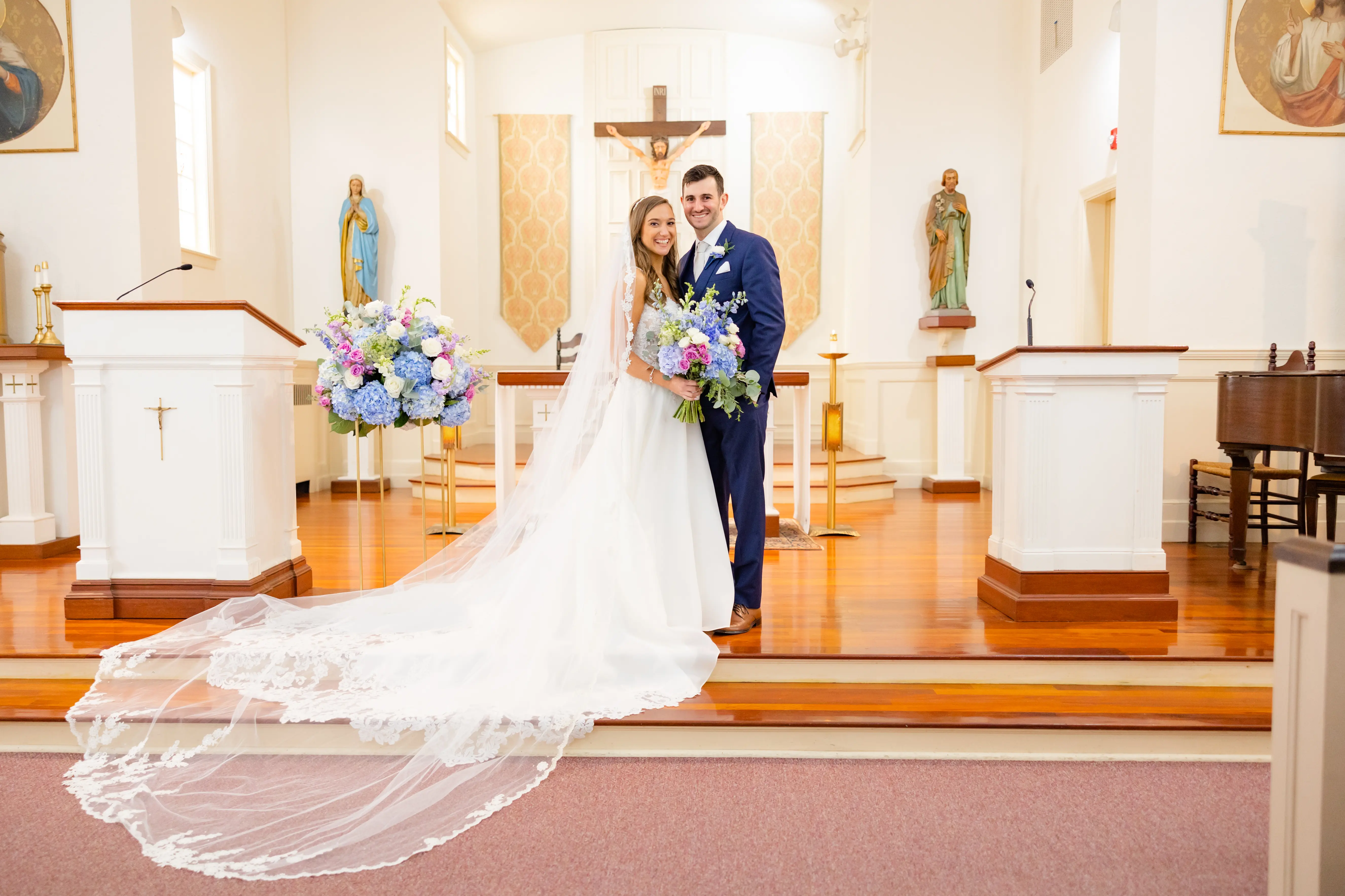Groom with Bride in Flirty A-Line Wedding Dress with Beaded Lace Motifs and Sheer Bodice Called Savannah by Maggie Sottero
