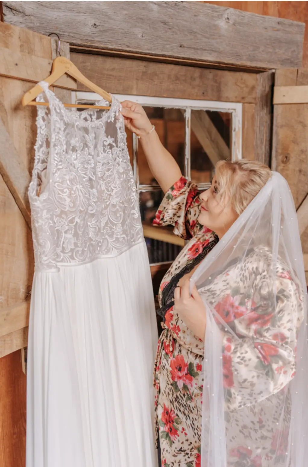 Wedding Dress Called Tasha By Rebecca Ingram Hanging With Bride In Pierce By Maggie Sottero Veil