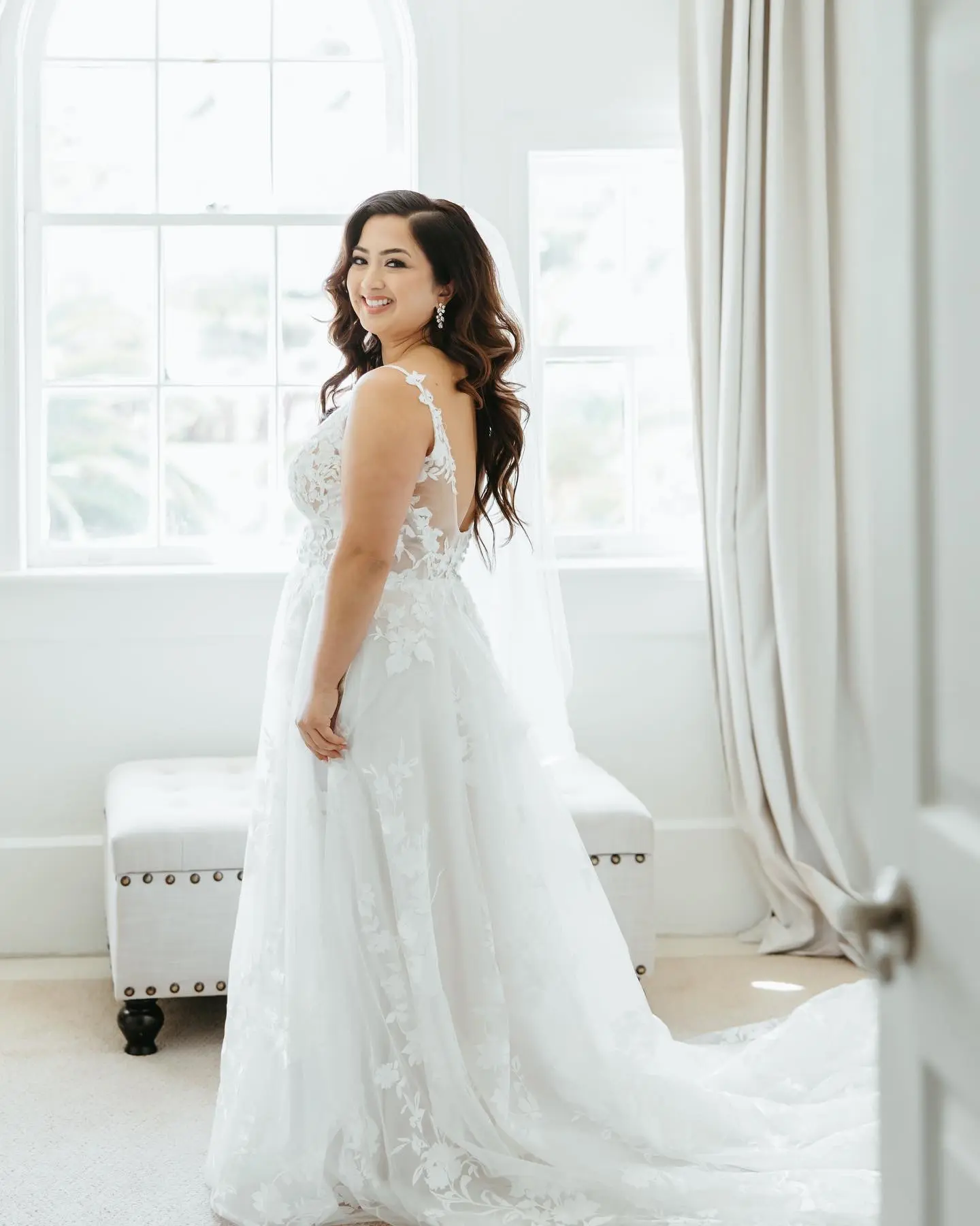Real Bride in Whimsical Lace A-Line Wedding Gown with Deep Scoop Back Called Winter by Maggie Sottero