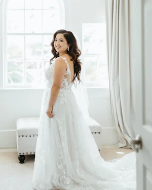 Real Bride in Whimsical Lace A-Line Wedding Gown with Deep Scoop Back Called Winter by Maggie Sottero